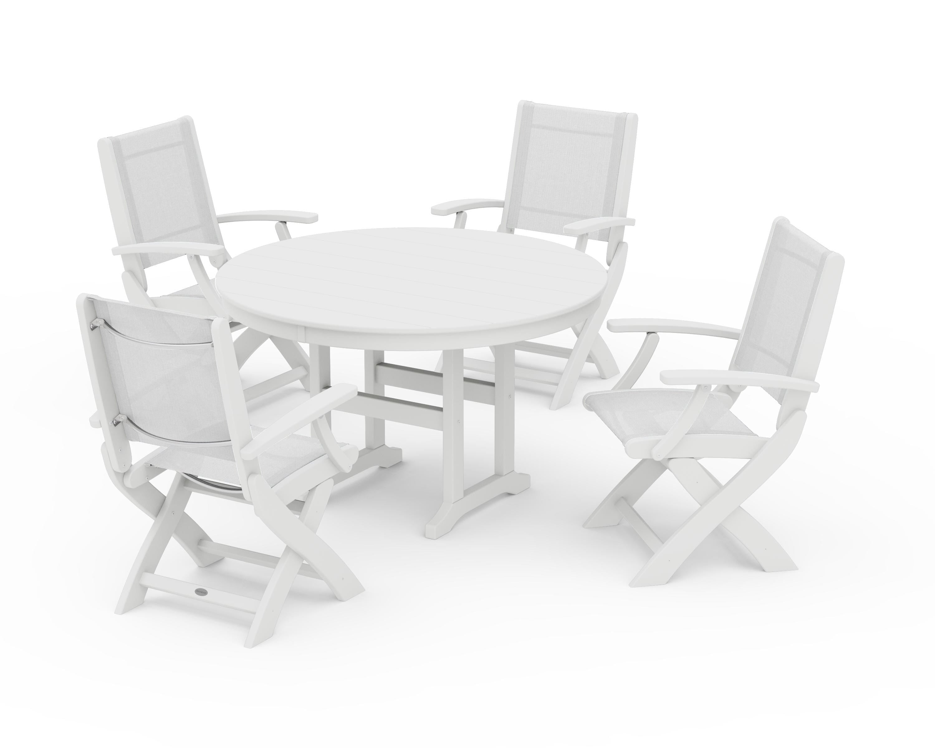 POLYWOOD® Coastal Folding Chair 5-Piece Round Dining Set in White / White Sling