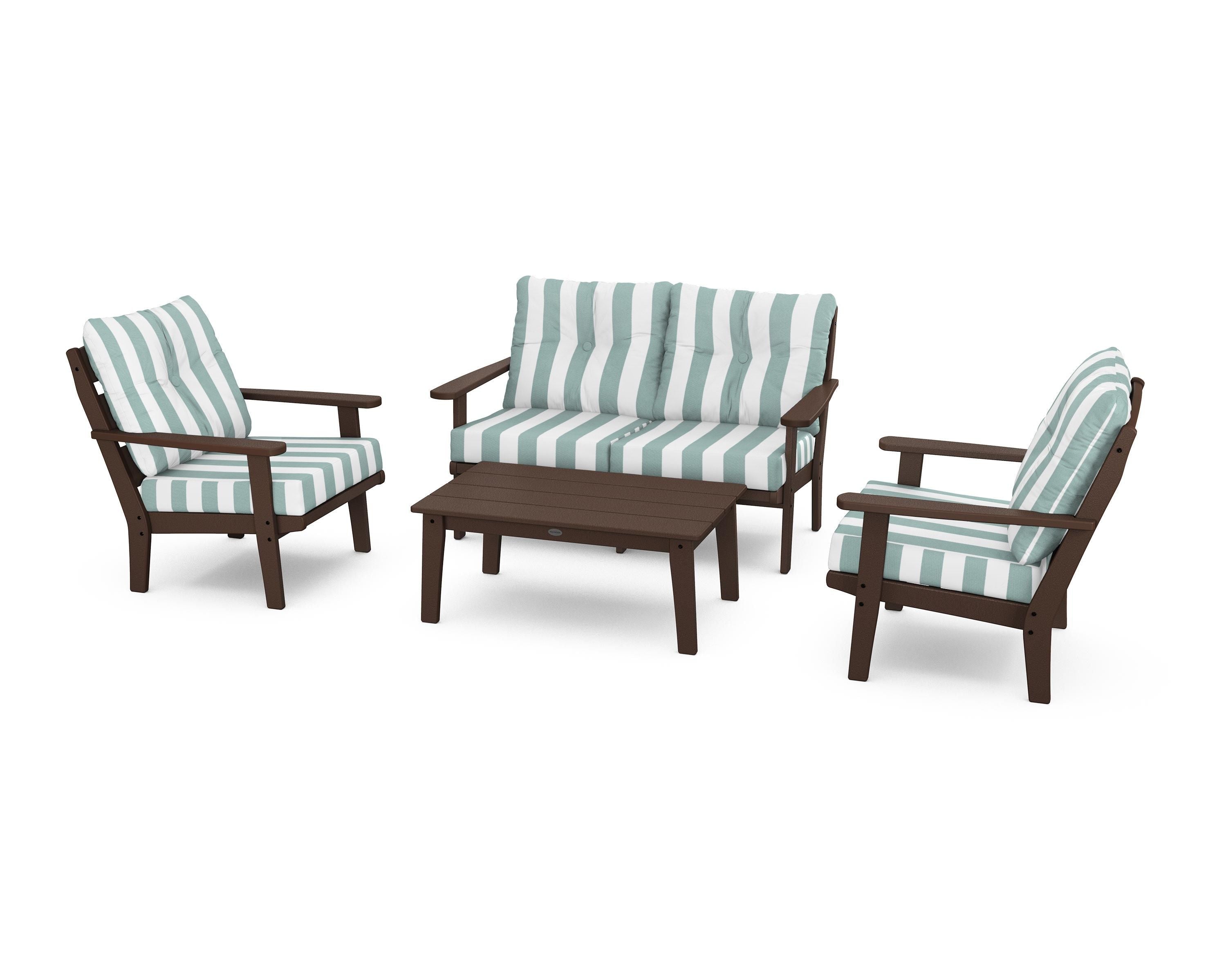 POLYWOOD® Lakeside 4-Piece Deep Seating Set in Mahogany / Cabana Stripe Glacier Spa