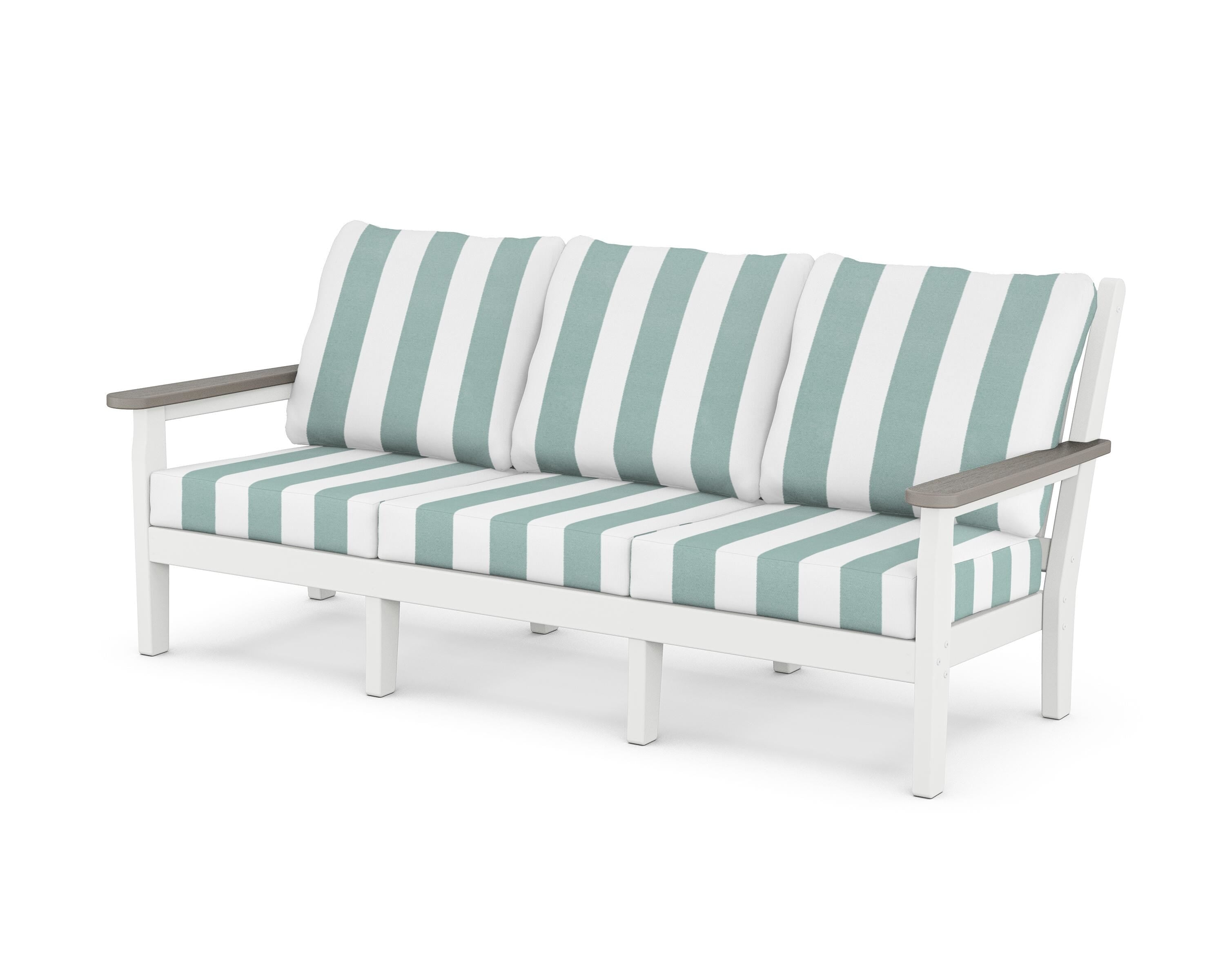 POLYWOOD® Chippendale Deep Seating Sofa in White / Driftwood / Cabana Stripe Glacier Spa