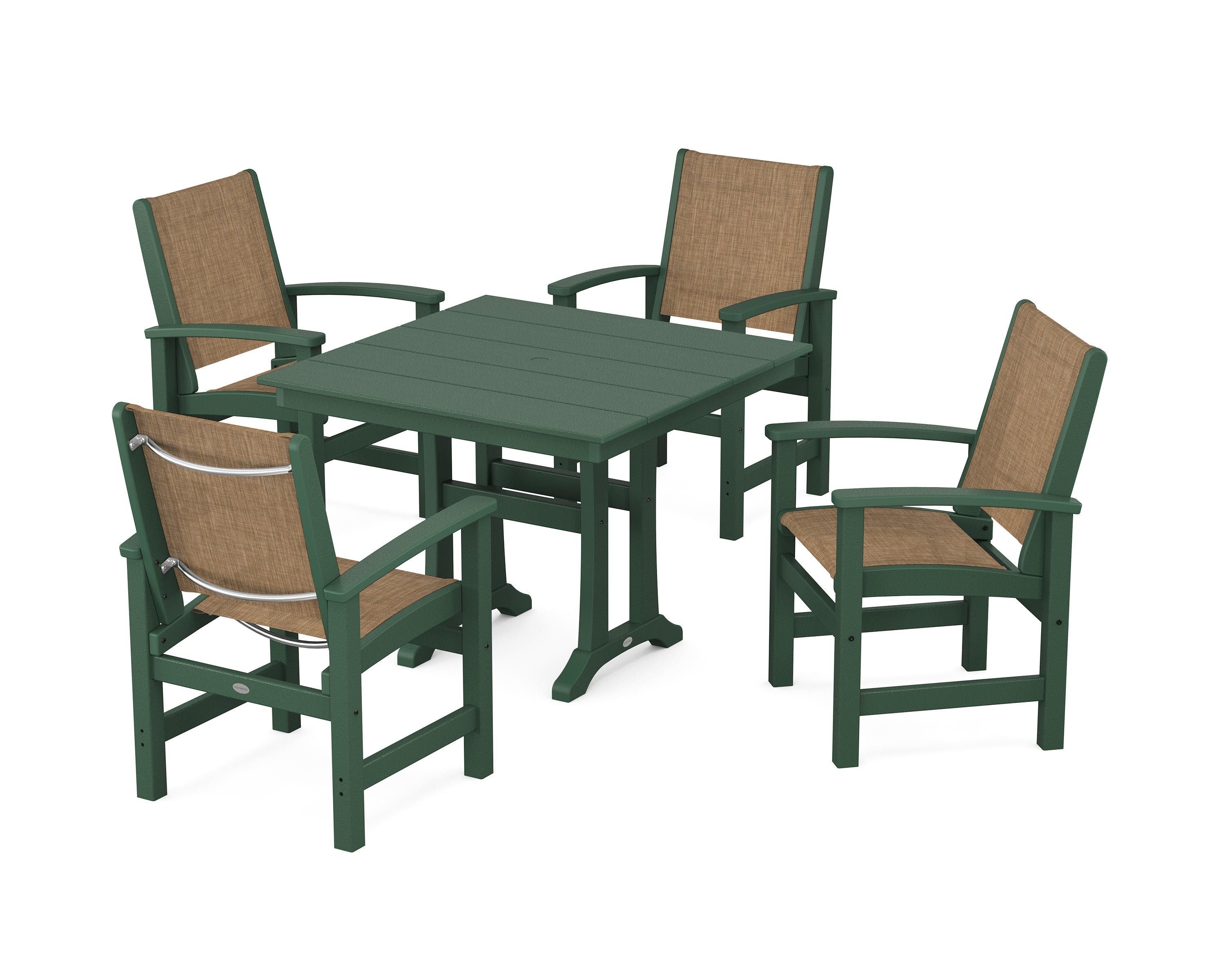 POLYWOOD® Coastal 5-Piece Farmhouse Dining Set With Trestle Legs in Green / Burlap Sling