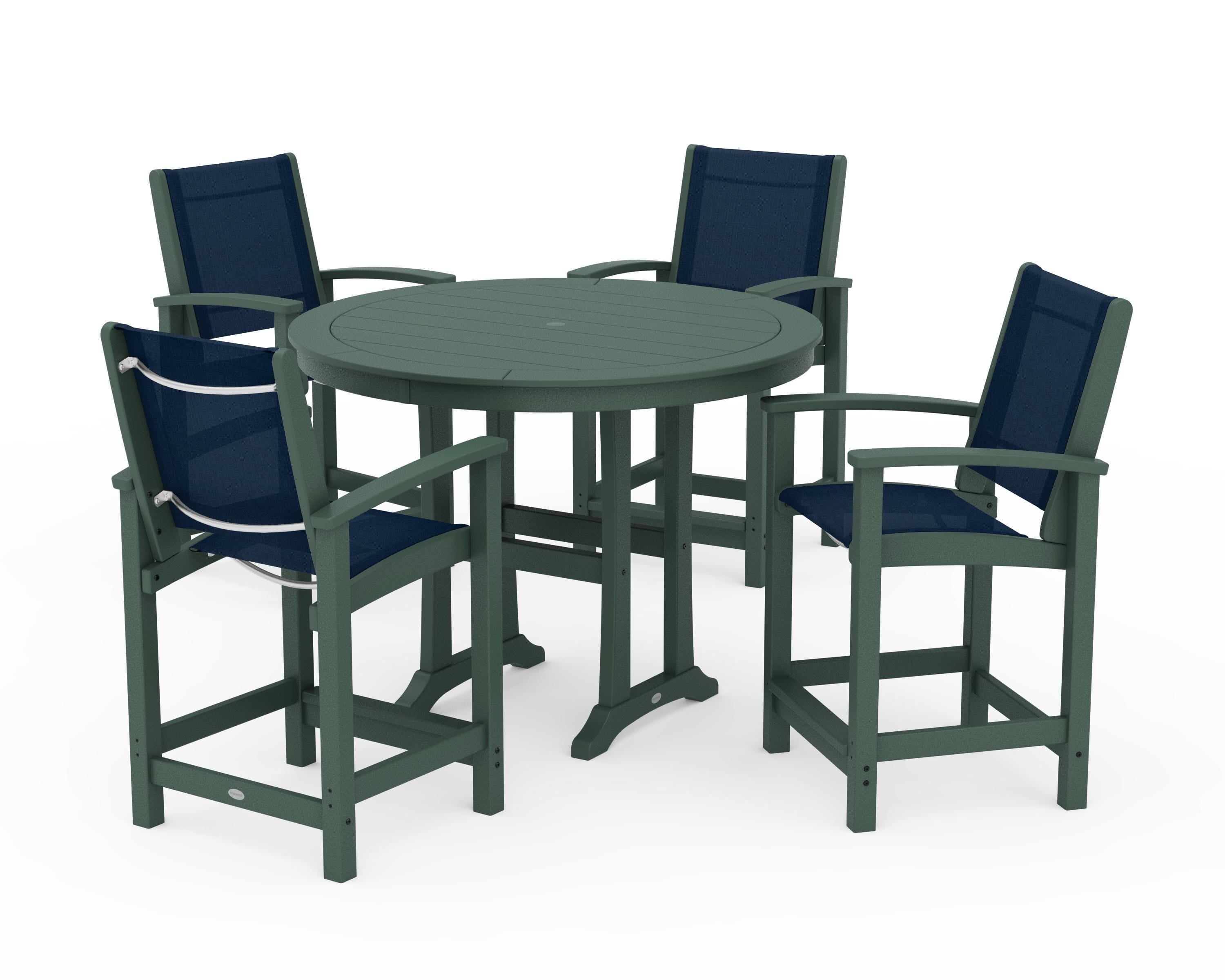 POLYWOOD® Coastal 5-Piece Counter Set in Green / Navy Blue Sling