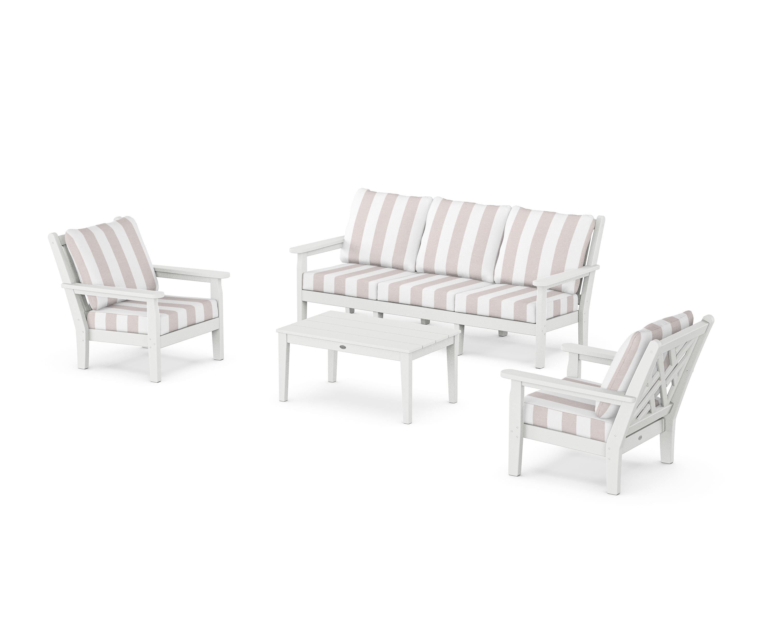 POLYWOOD® Chippendale 4-Piece Deep Seating Set with Sofa in White / Cabana Stripe Dune Burlap