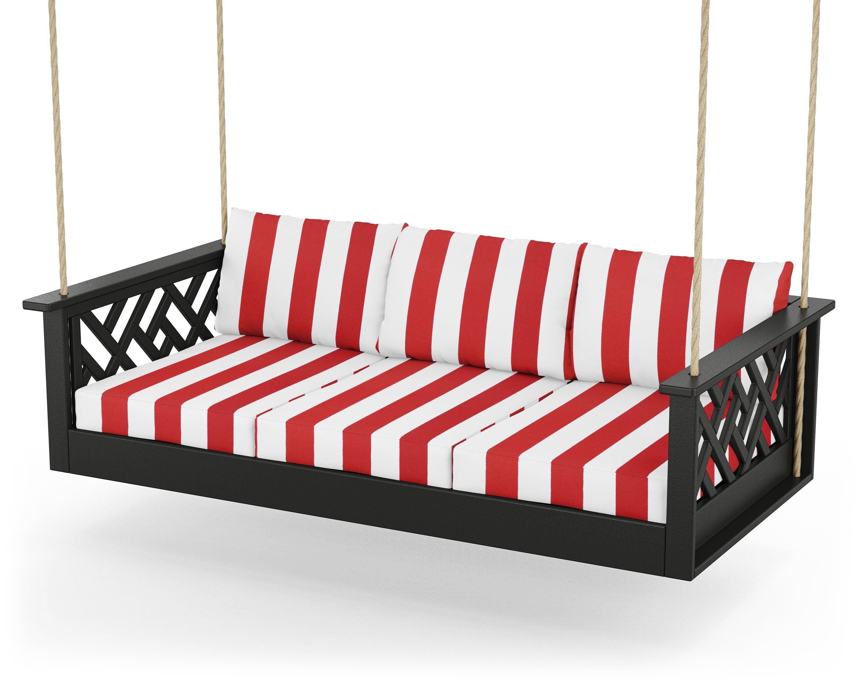 POLYWOOD® Chippendale Daybed Swing in Black / Cabana Stripe Crimson