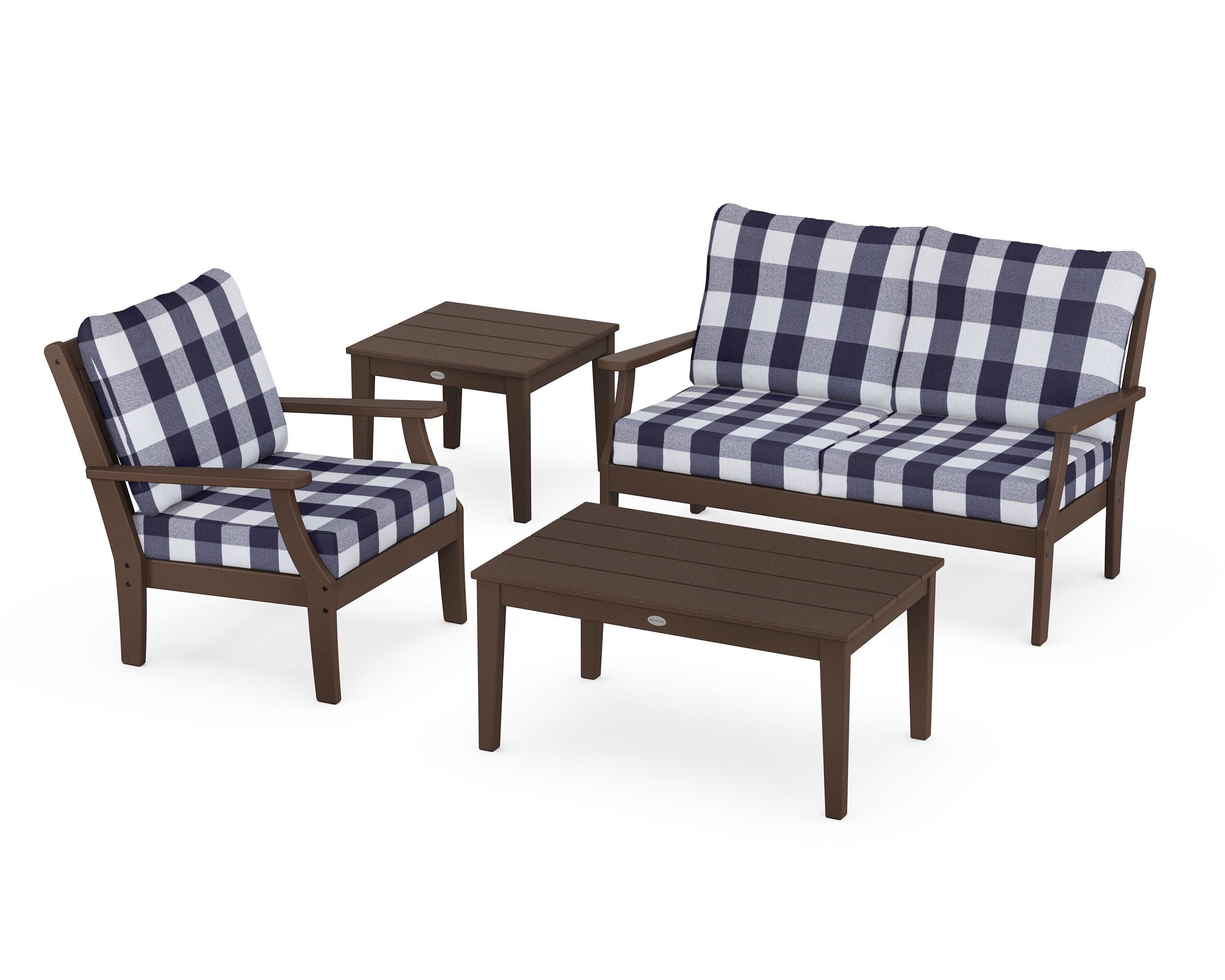 POLYWOOD® Braxton 4-Piece Deep Seating Set in Mahogany / Buffalo Plaid Navy