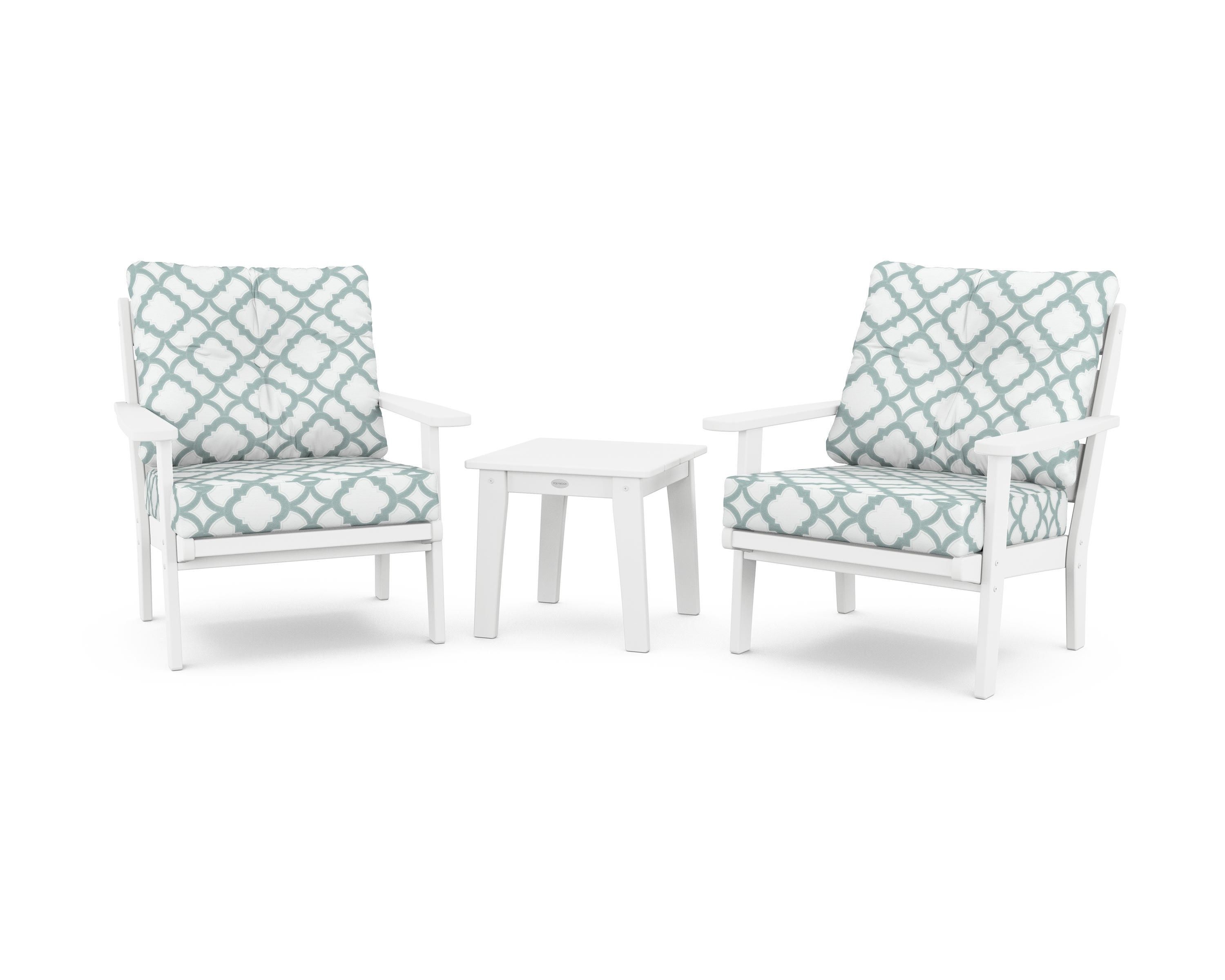 POLYWOOD® Lakeside 3-Piece Deep Seating Chair Set in White / Trellis Glacier Spa