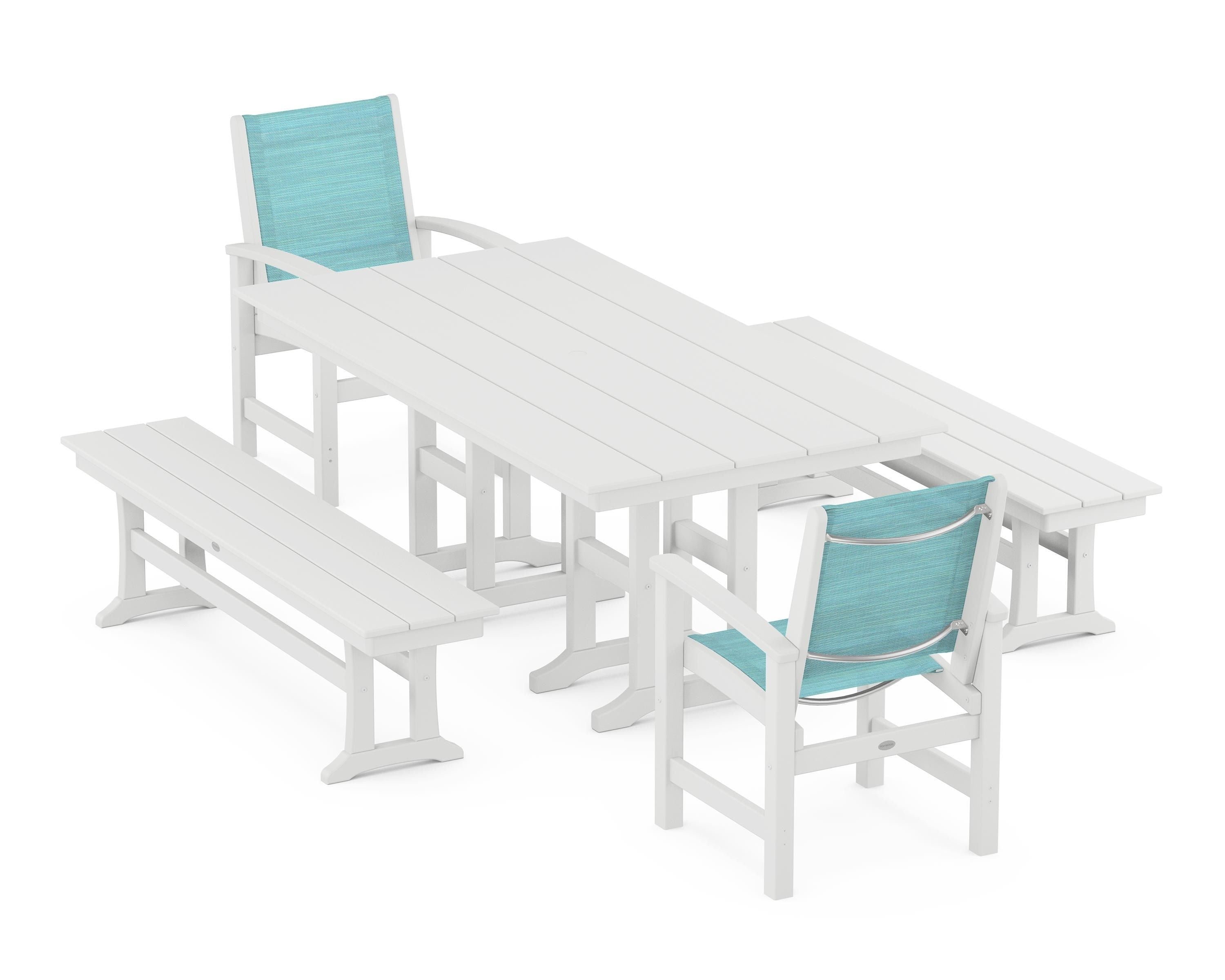 POLYWOOD® Coastal 5-Piece Farmhouse Dining Set in White / Dupioni Aquamarine Sling