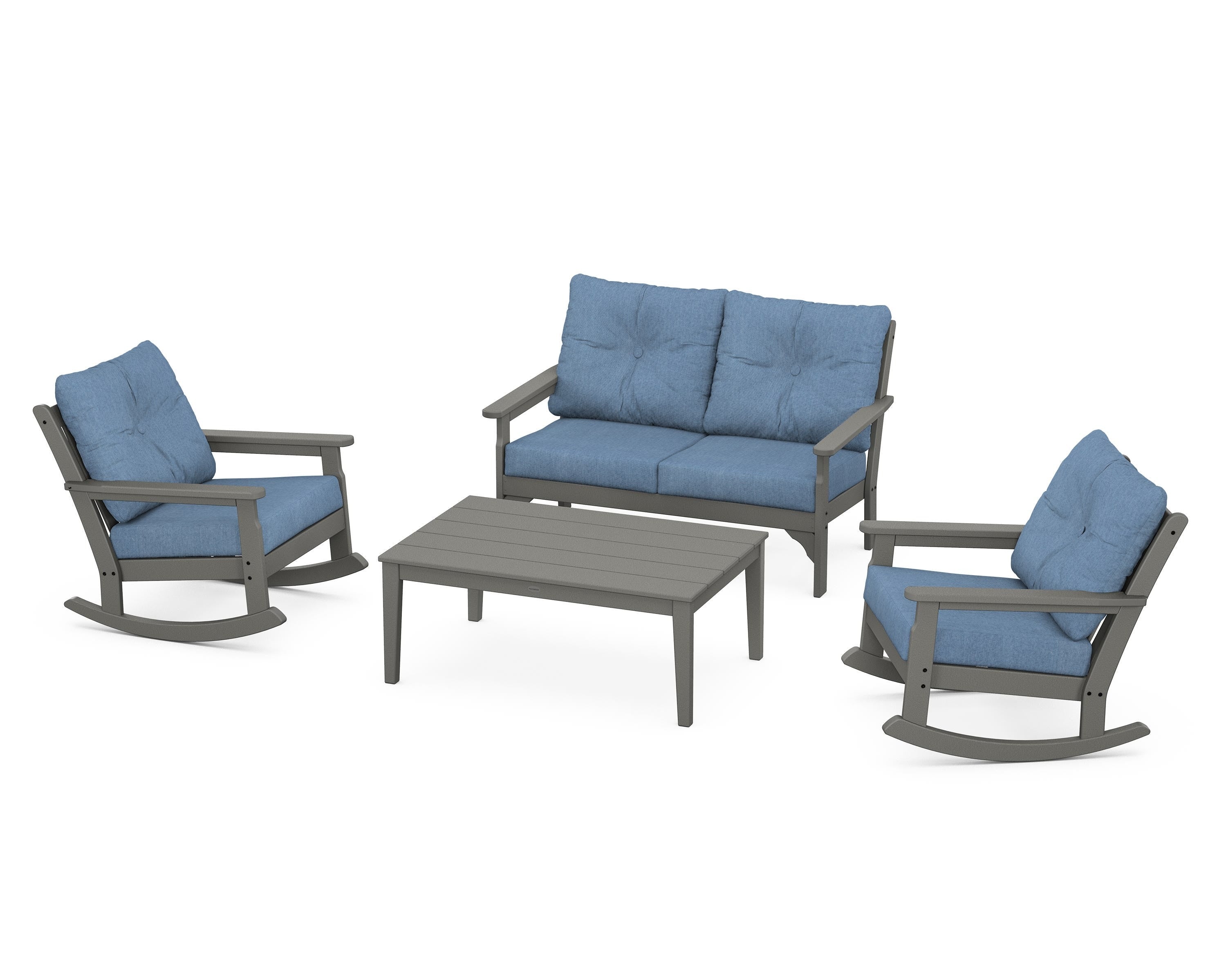 POLYWOOD® Vineyard 4-Piece Deep Seating Rocking Chair Set in Slate Grey / Sky Blue