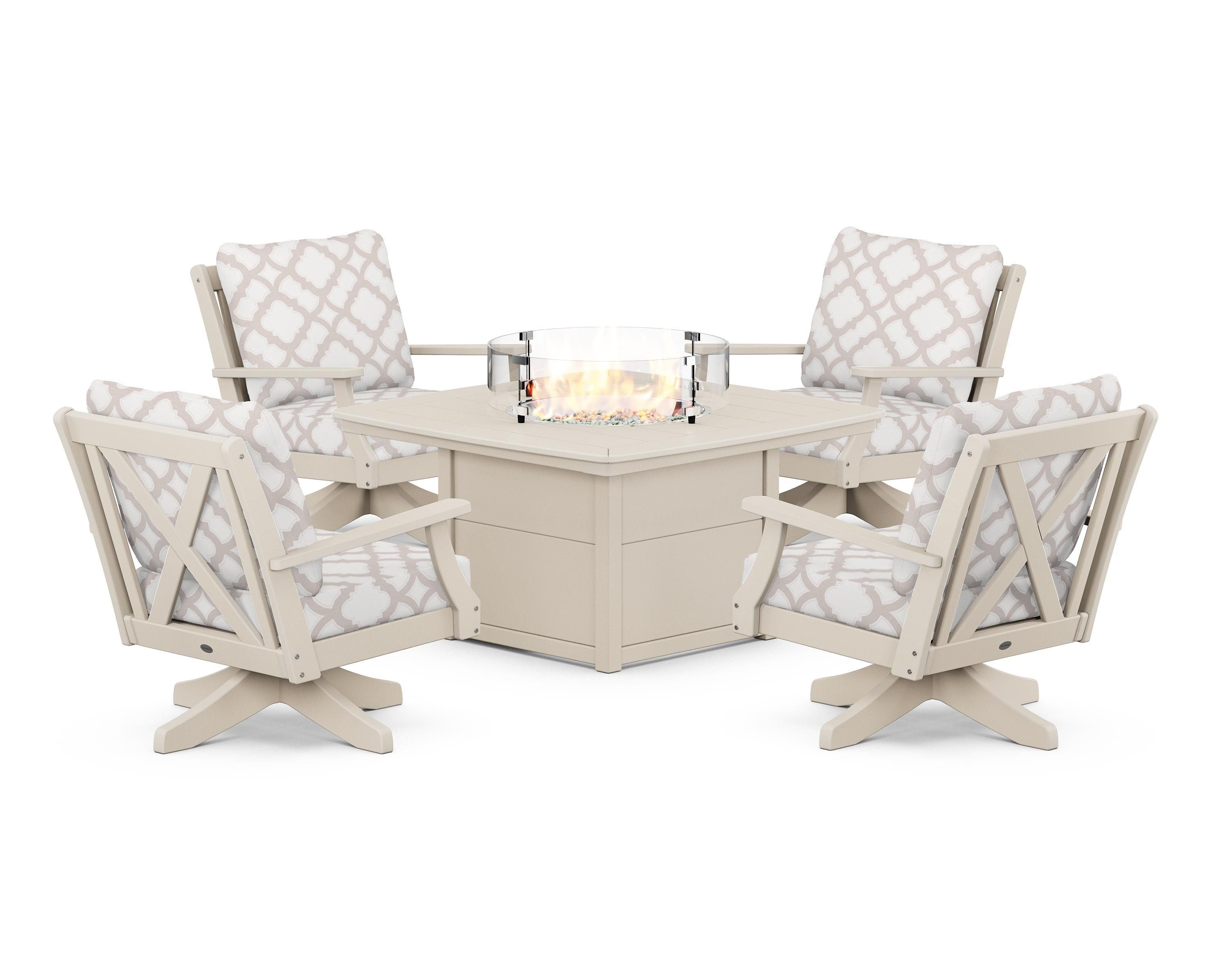 POLYWOOD® Braxton 5-Piece Deep Seating Swivel Conversation Set with Fire Pit Table in Sand / Trellis Dune Burlap