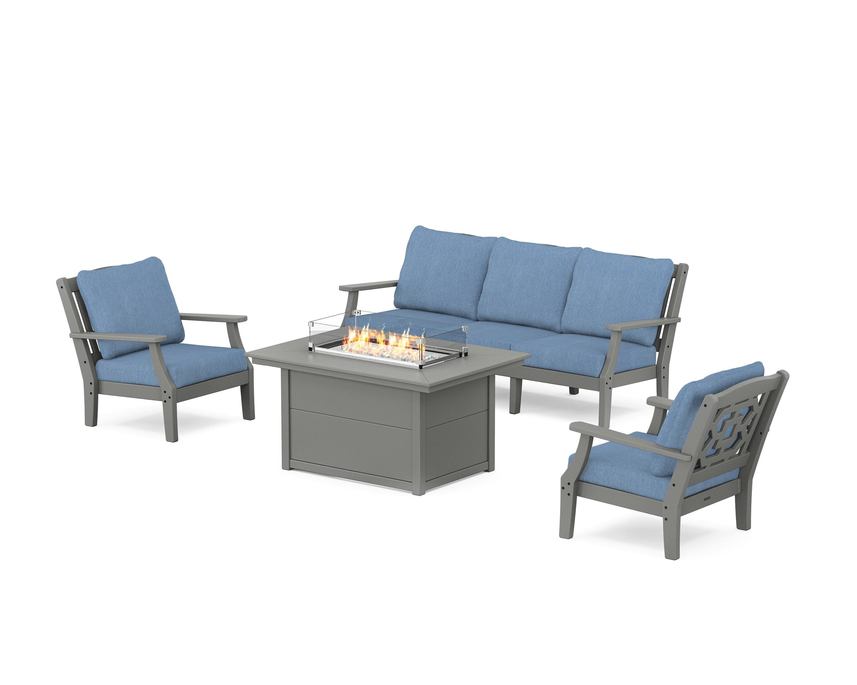 Martha Stewart by POLYWOOD® Chinoiserie Deep Seating Fire Pit Table Set in Slate Grey / Sky Blue
