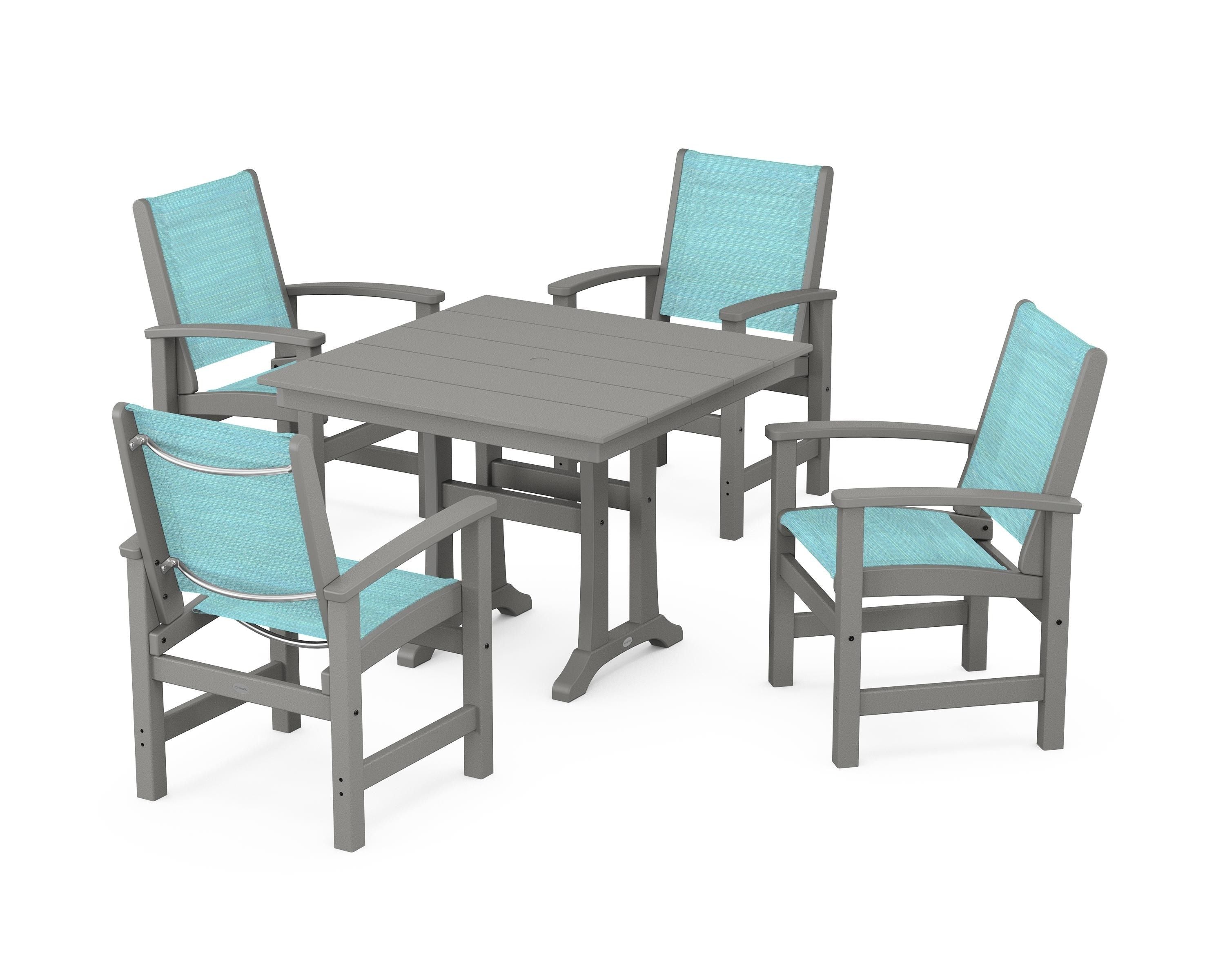 POLYWOOD® Coastal 5-Piece Farmhouse Dining Set With Trestle Legs in Slate Grey / Dupioni Aquamarine Sling