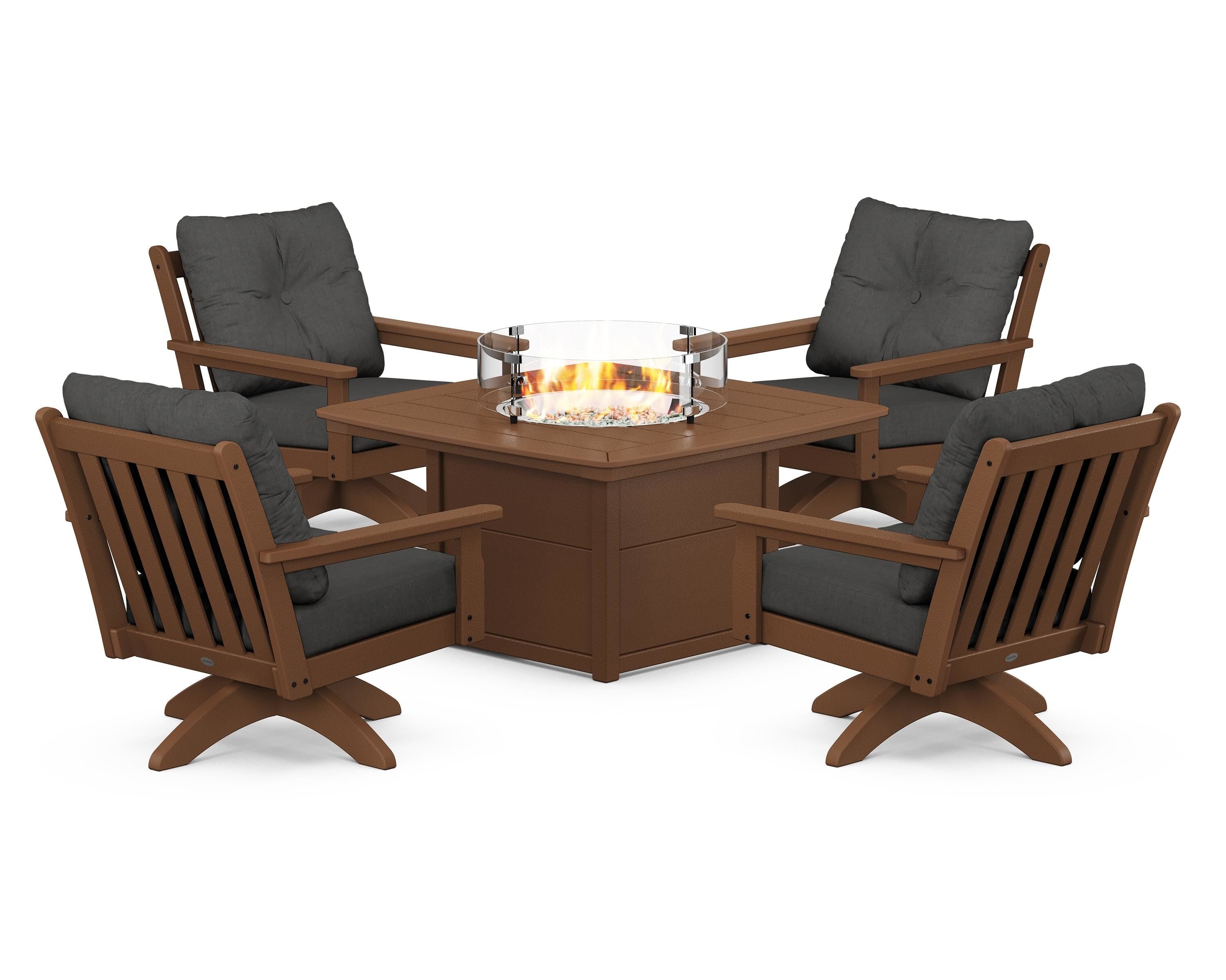 POLYWOOD® Vineyard 5-Piece Deep Seating Swivel Conversation Set with Fire Pit Table in Teak / Spectrum Carbon
