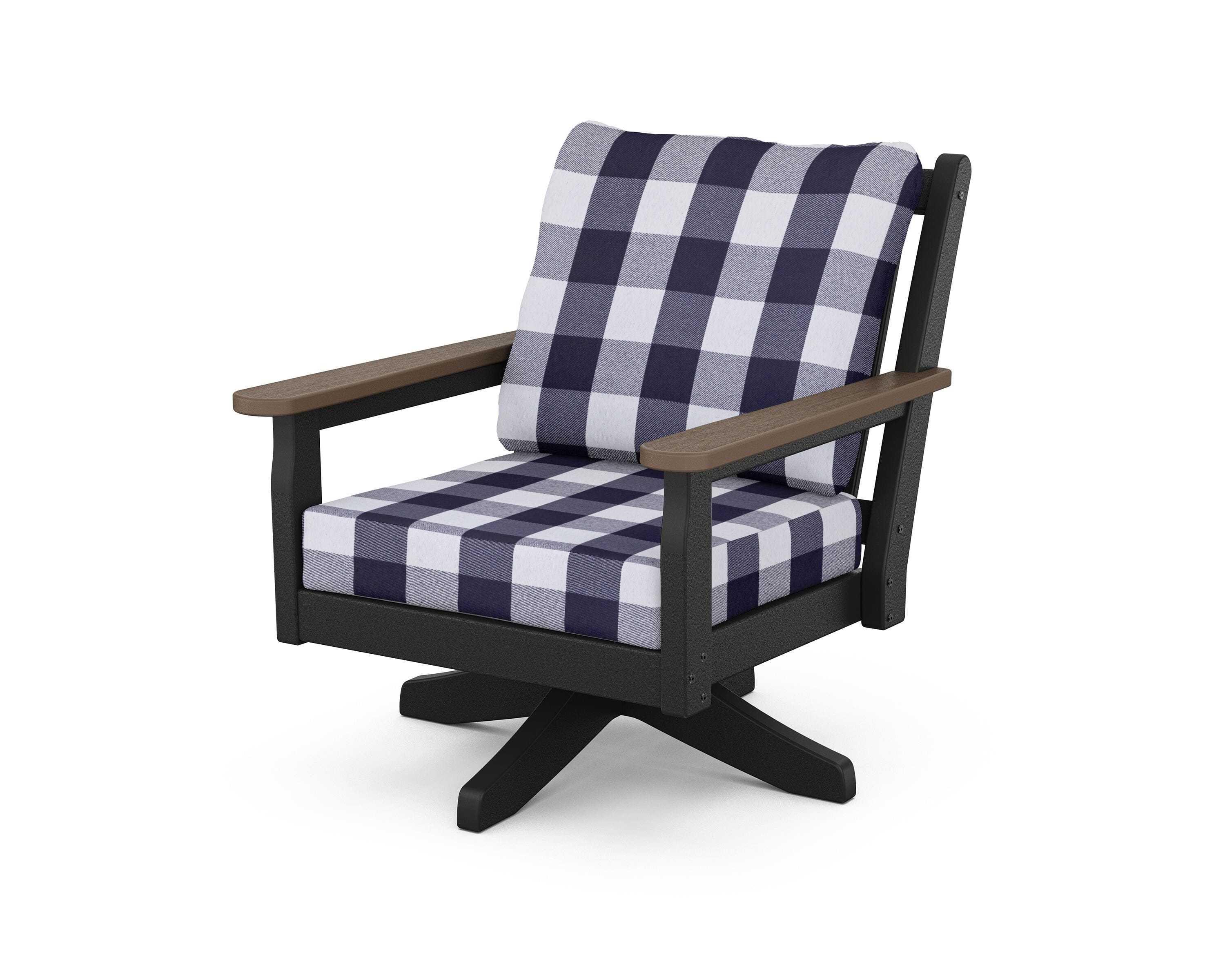 POLYWOOD® Chippendale Deep Seating Swivel Chair in Black / Kona / Buffalo Plaid Navy