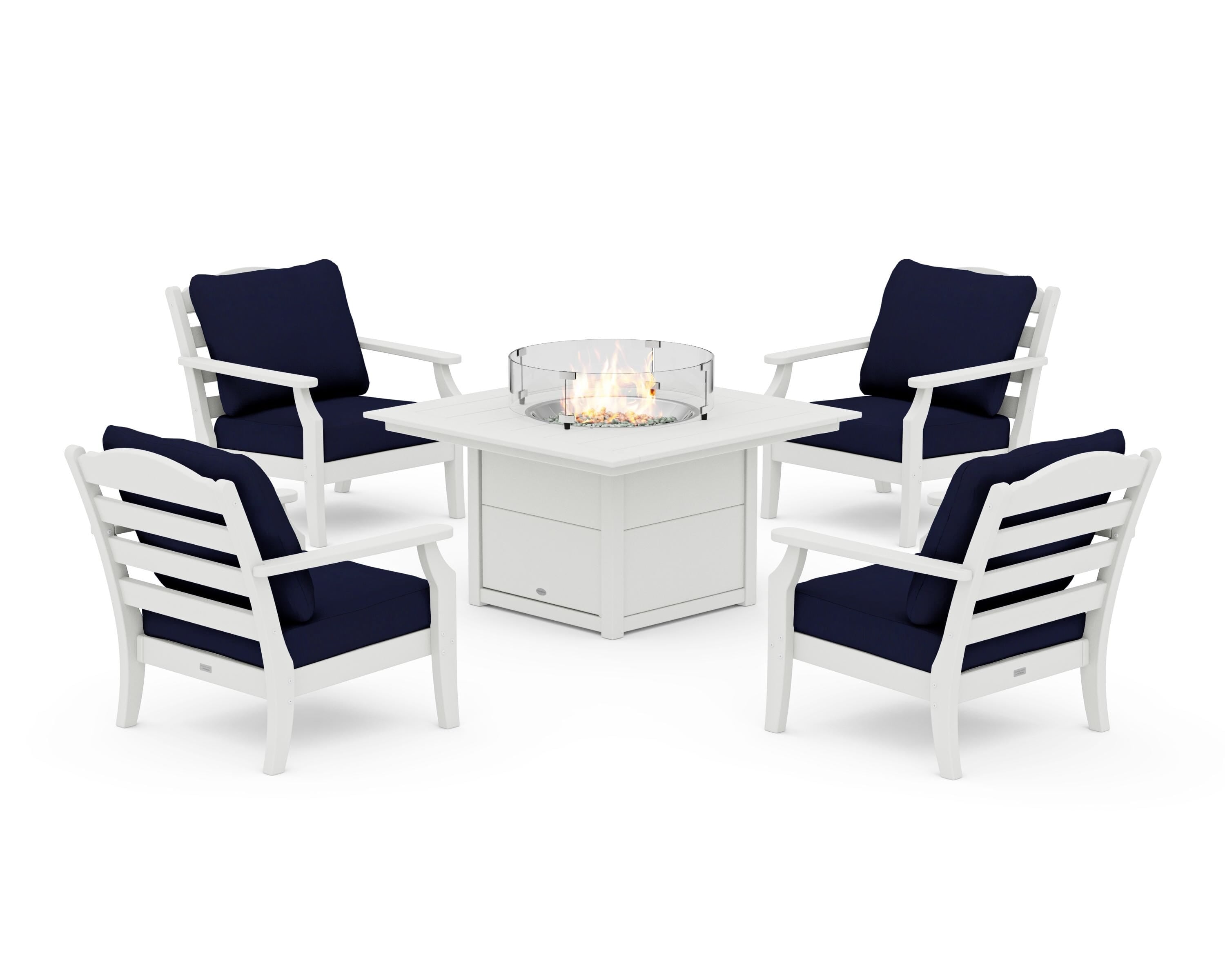 Draper James™ by POLYWOOD® Savannah 5-Piece Deep Seating Set with Fire Pit Table in Vintage White / Navy