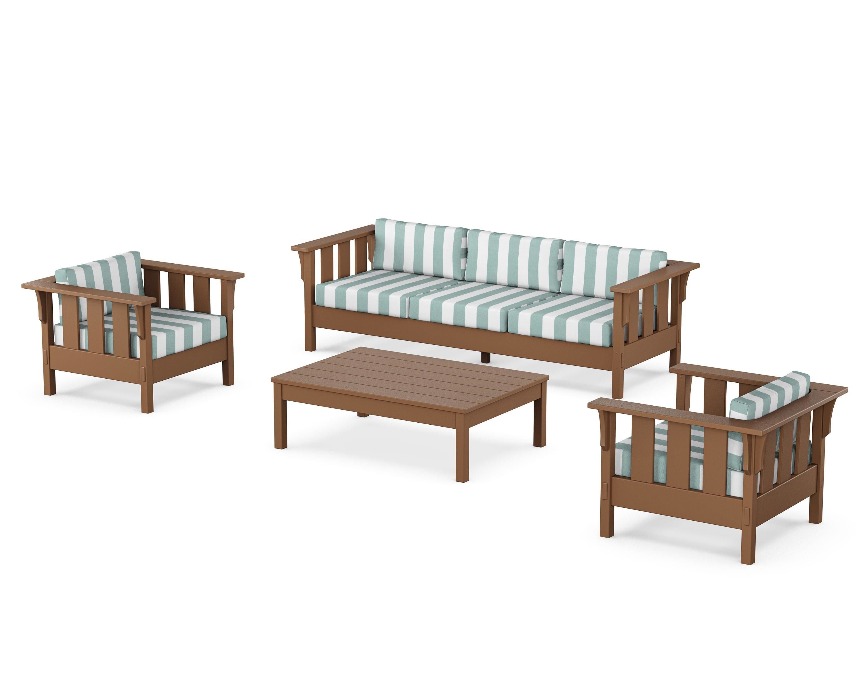 Martha Stewart by POLYWOOD® Acadia 4-Piece Deep Seating Set with Sofa in Teak / Cabana Stripe Glacier Spa