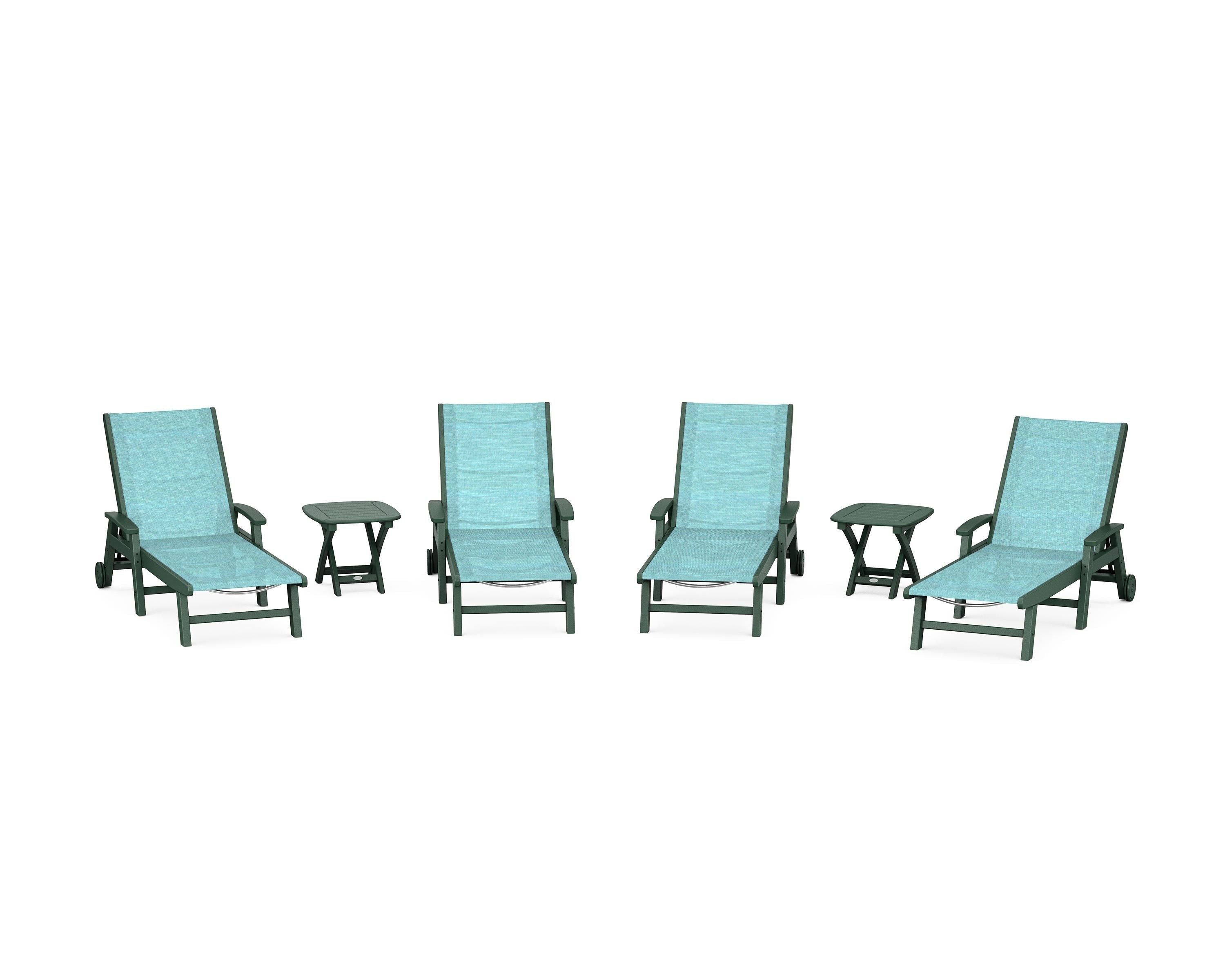 POLYWOOD® Coastal Chaise 6-Piece Set with Wheels in Green / Dupioni Aquamarine Sling