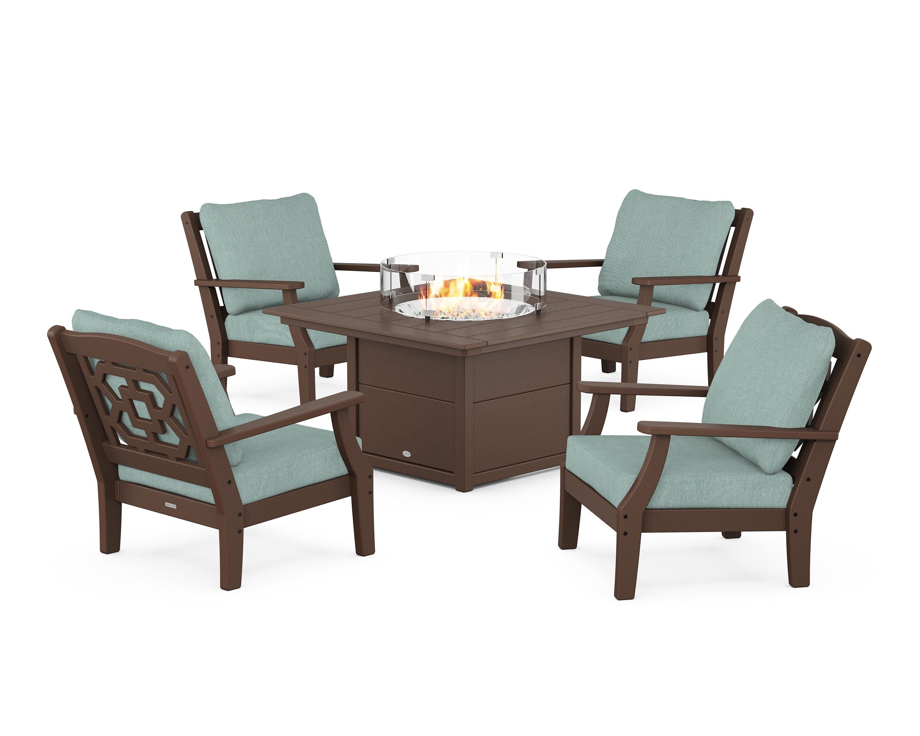 Martha Stewart by POLYWOOD® Chinoiserie 5-Piece Deep Seating Set with Fire Pit Table in Mahogany / Glacier Spa