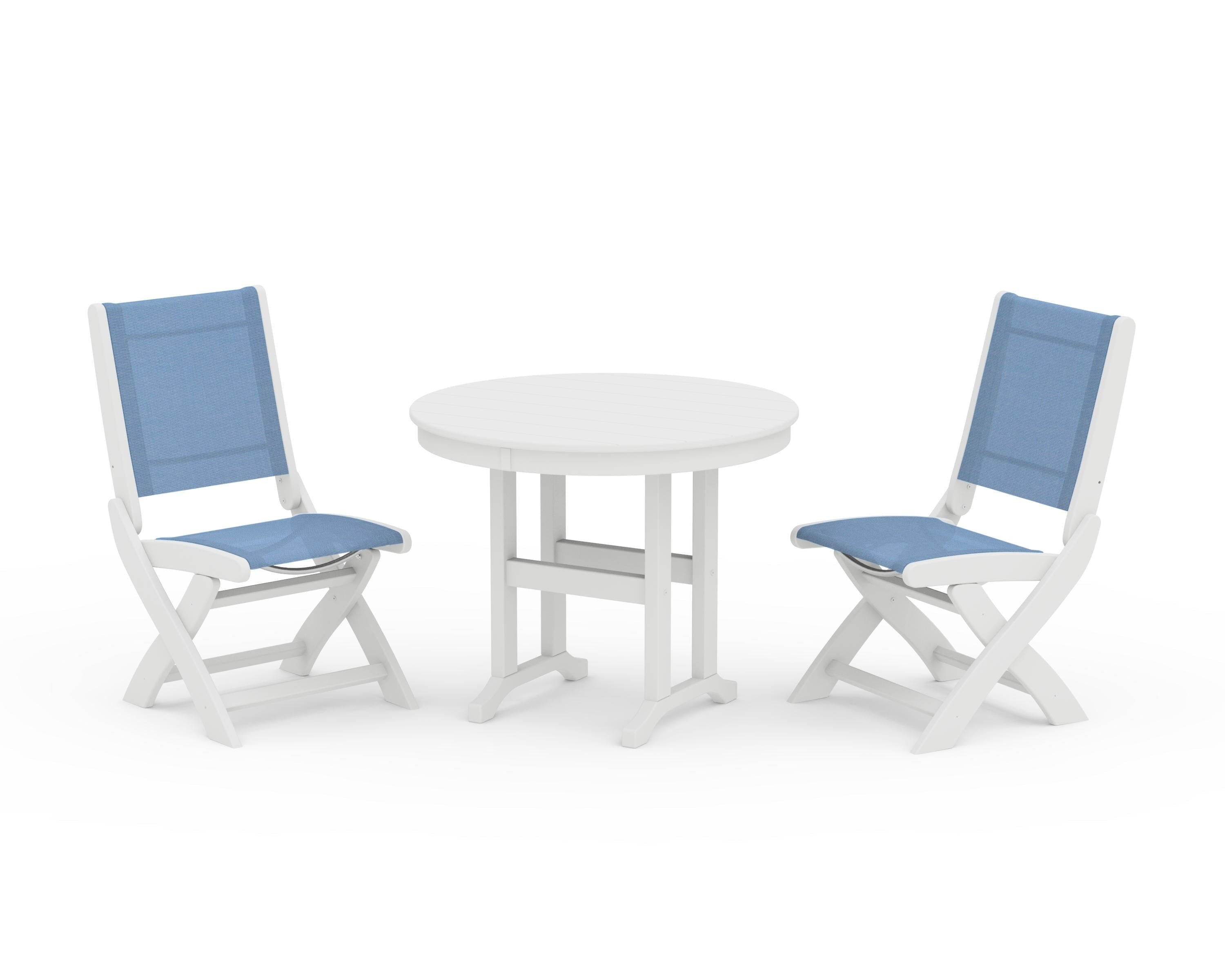 POLYWOOD® Coastal Folding Side Chair 3-Piece Round Dining Set in White / Poolside Sling