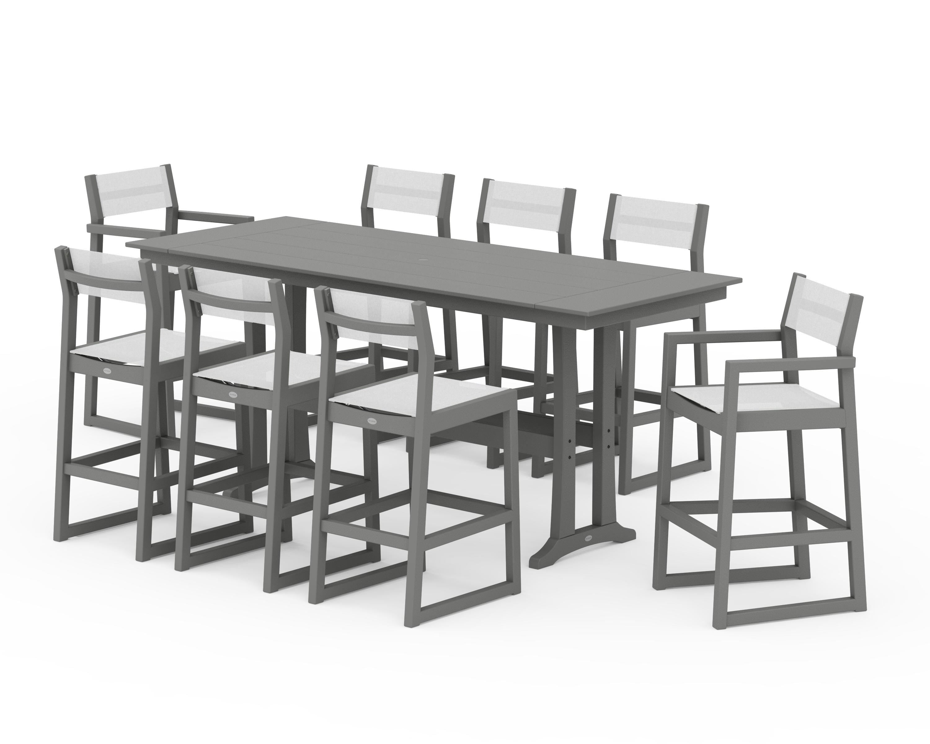 POLYWOOD® EDGE Sling 9-Piece Farmhouse Bar Set with Trestle Legs in Slate Grey / White Sling