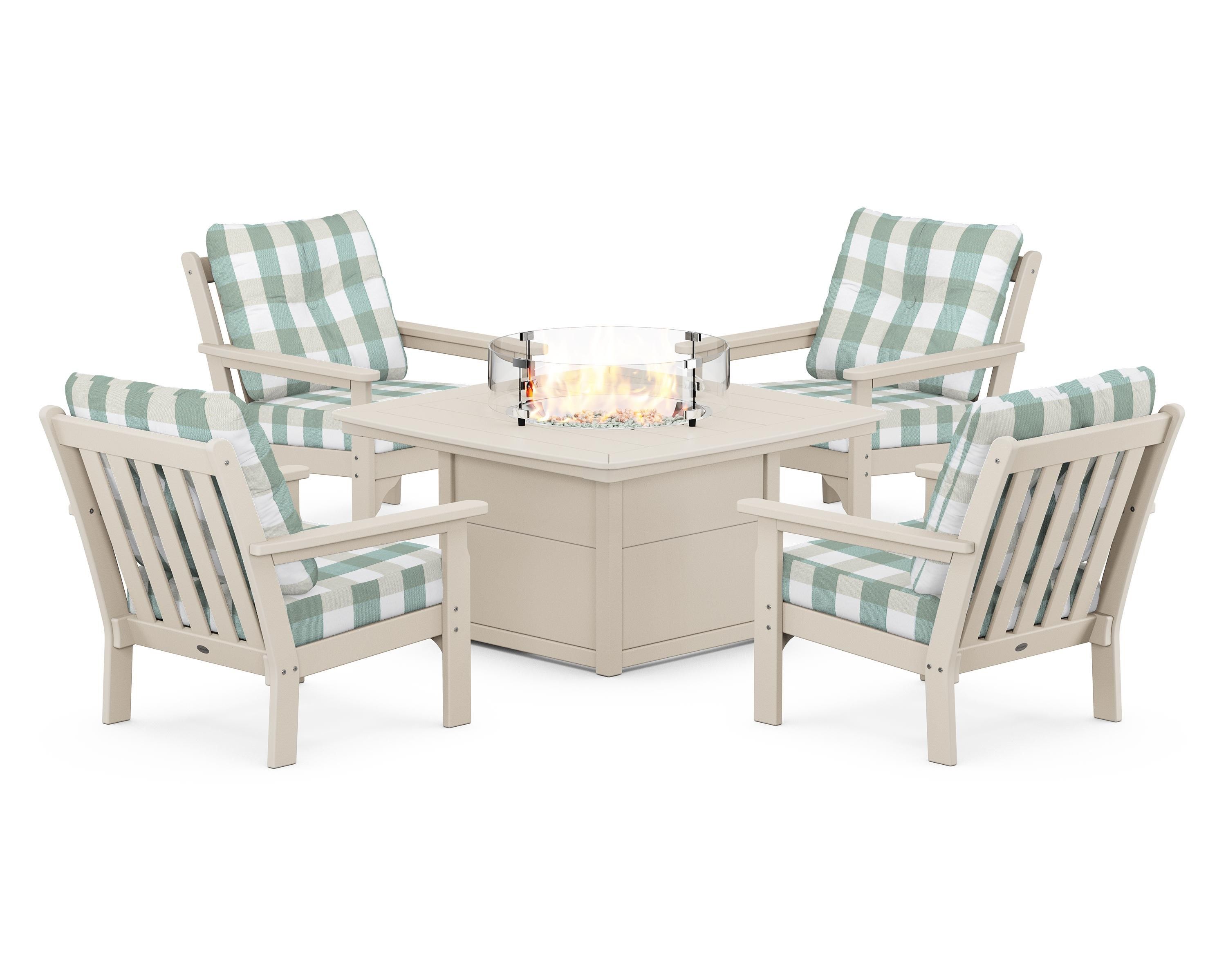 POLYWOOD® Vineyard 5-Piece Conversation Set with Fire Pit Table in Sand / Buffalo Plaid Glacier Spa