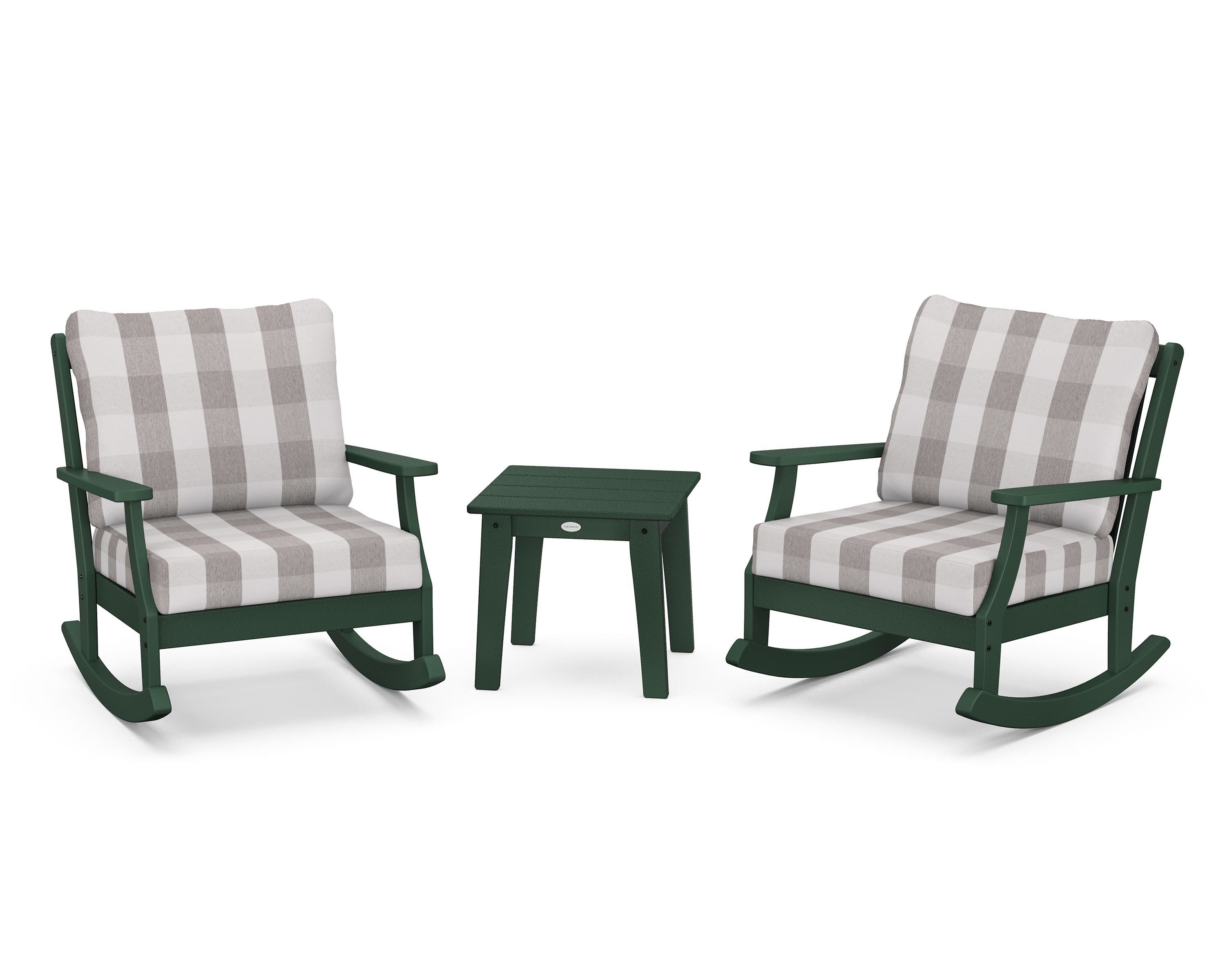 POLYWOOD® Braxton 3-Piece Deep Seating Rocker Set in Green / Buffalo Plaid Grey Mist