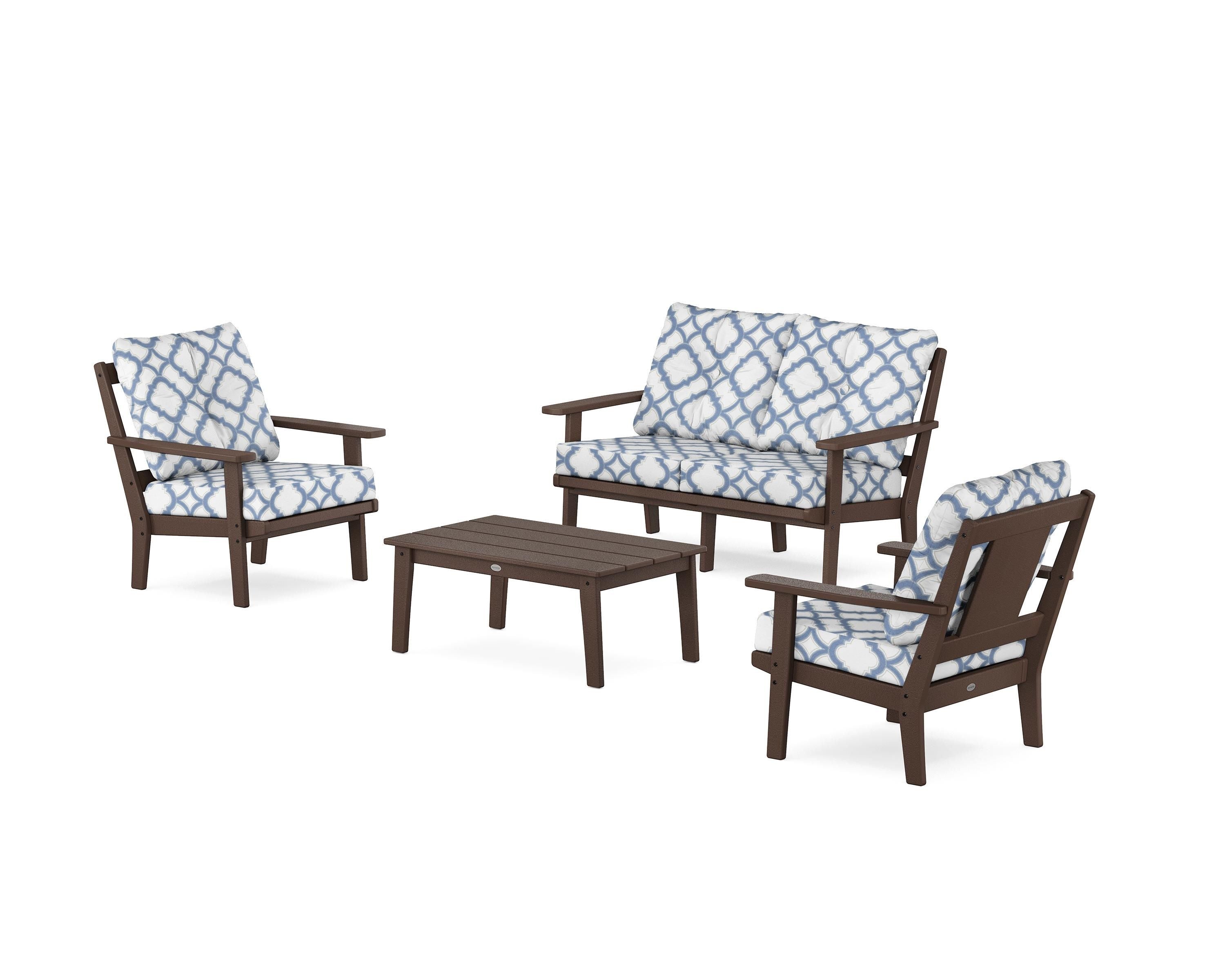 POLYWOOD® Prairie 4-Piece Deep Seating Set with Loveseat in Mahogany / Trellis Sky Blue