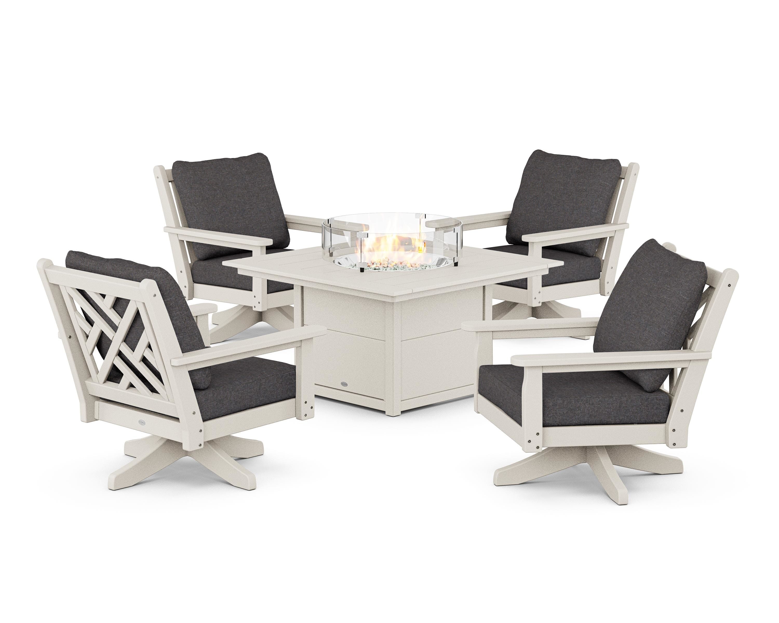 POLYWOOD® Chippendale 5-Piece Deep Seating Swivel Conversation Set with Fire Pit Table in Sand / Ash Charcoal