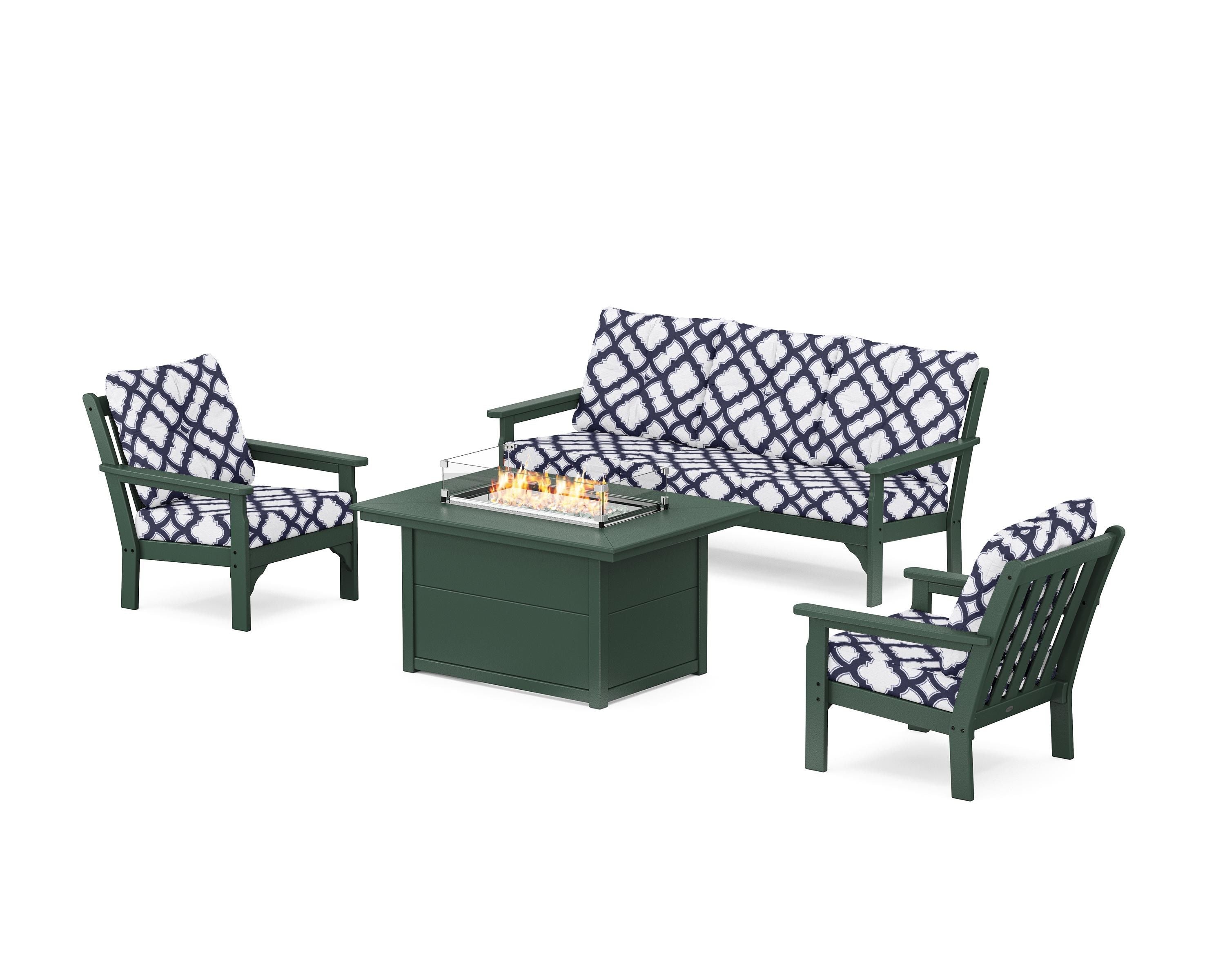 POLYWOOD® Vineyard Deep Seating Fire Pit Table Set in Green / Trellis Navy