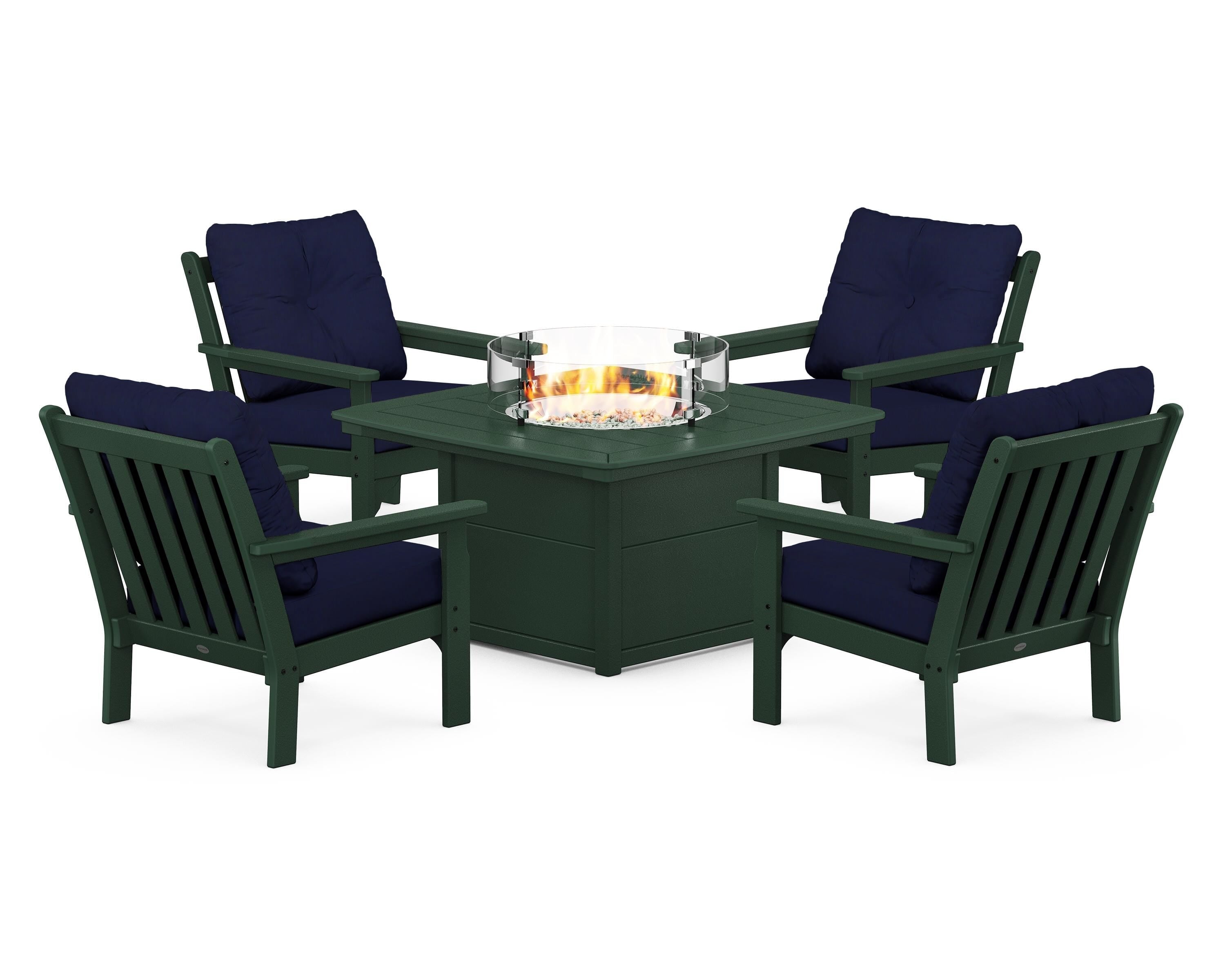 POLYWOOD® Vineyard 5-Piece Conversation Set with Fire Pit Table in Green / Navy