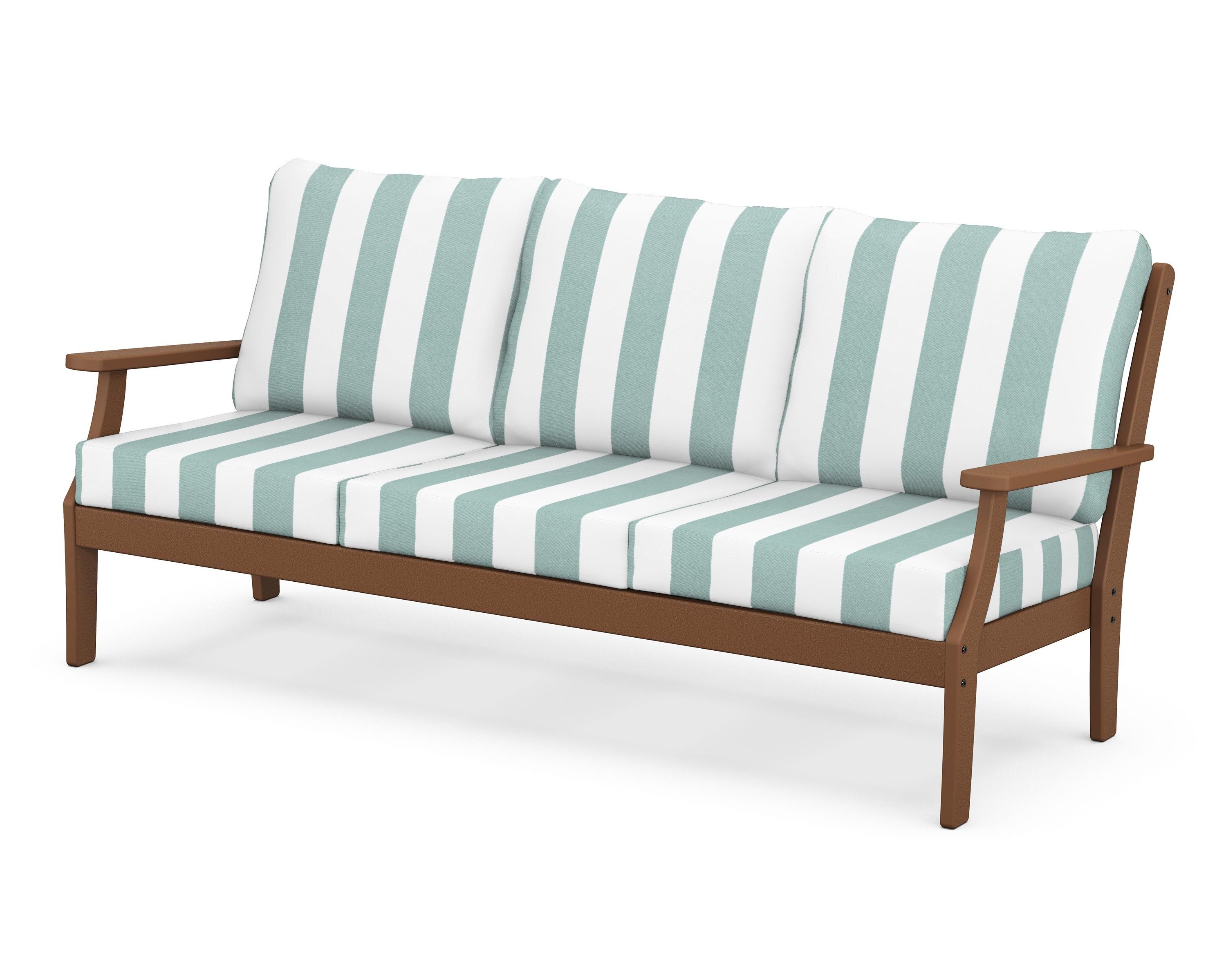 POLYWOOD® Braxton Deep Seating Sofa in Teak / Cabana Stripe Glacier Spa