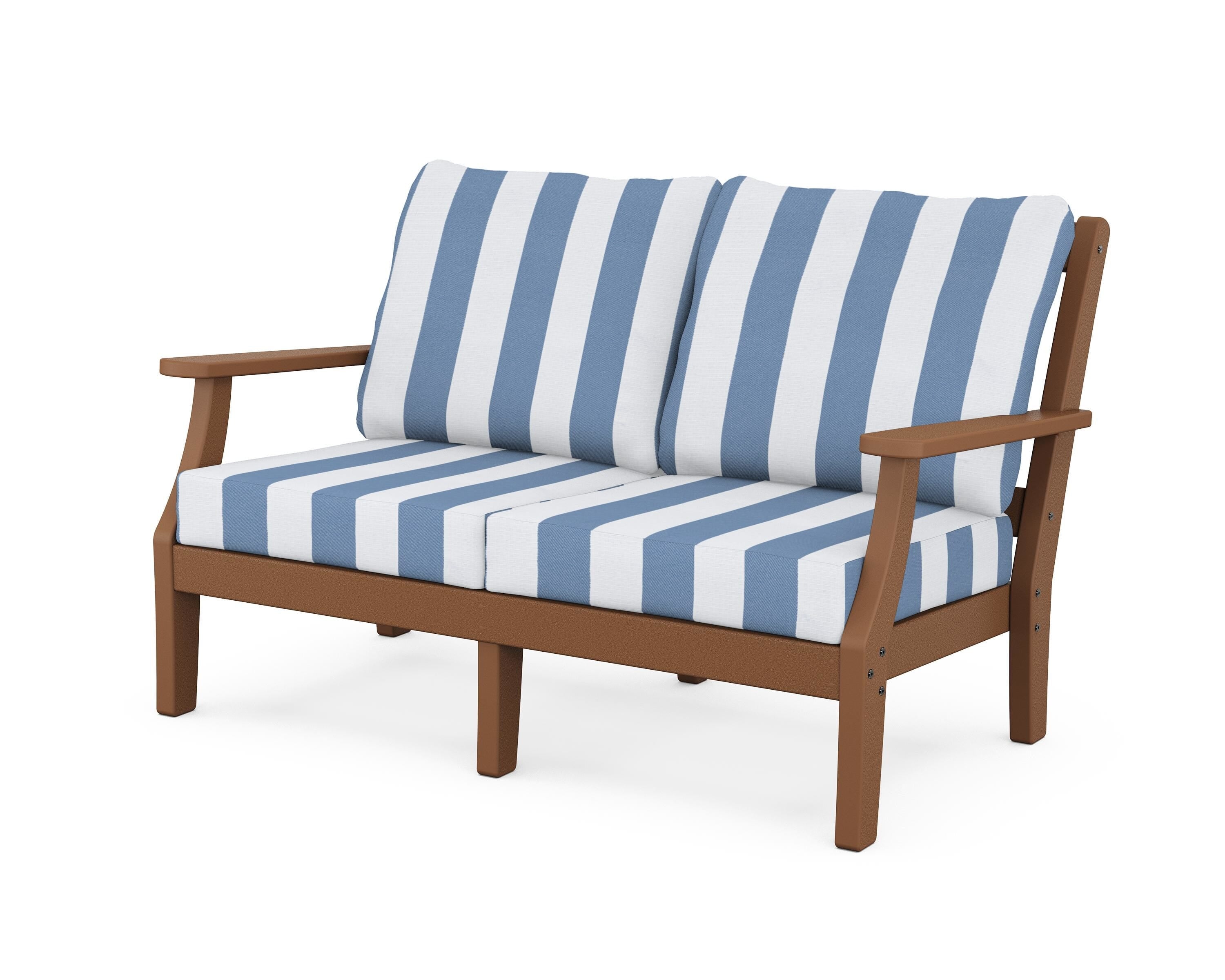 Martha Stewart by POLYWOOD® Chinoiserie Deep Seating Loveseat in Teak / Cabana Stripe Sky Blue