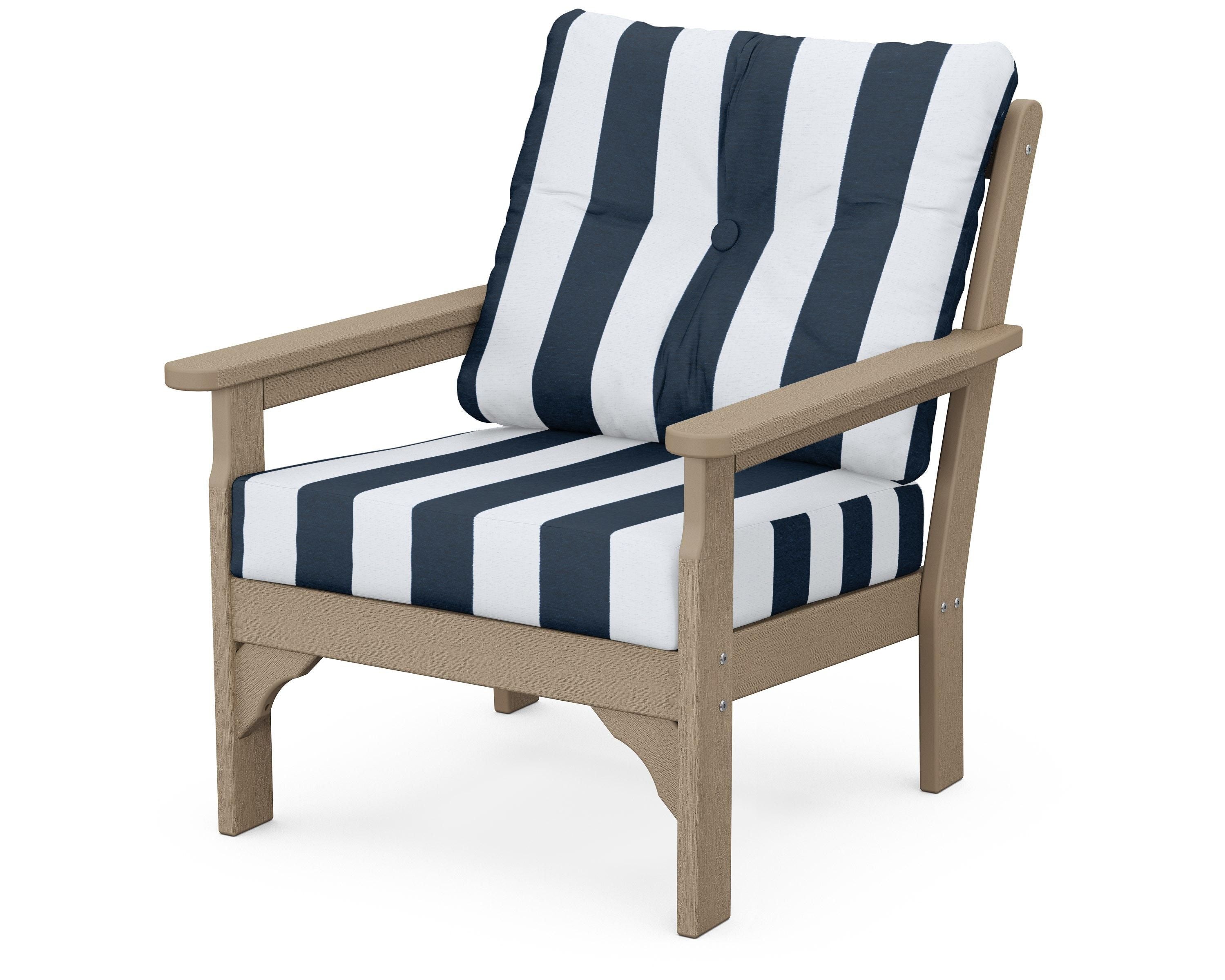 POLYWOOD® Vineyard Deep Seating Chair in Vintage Sahara / Cabana Stripe Marine Indigo