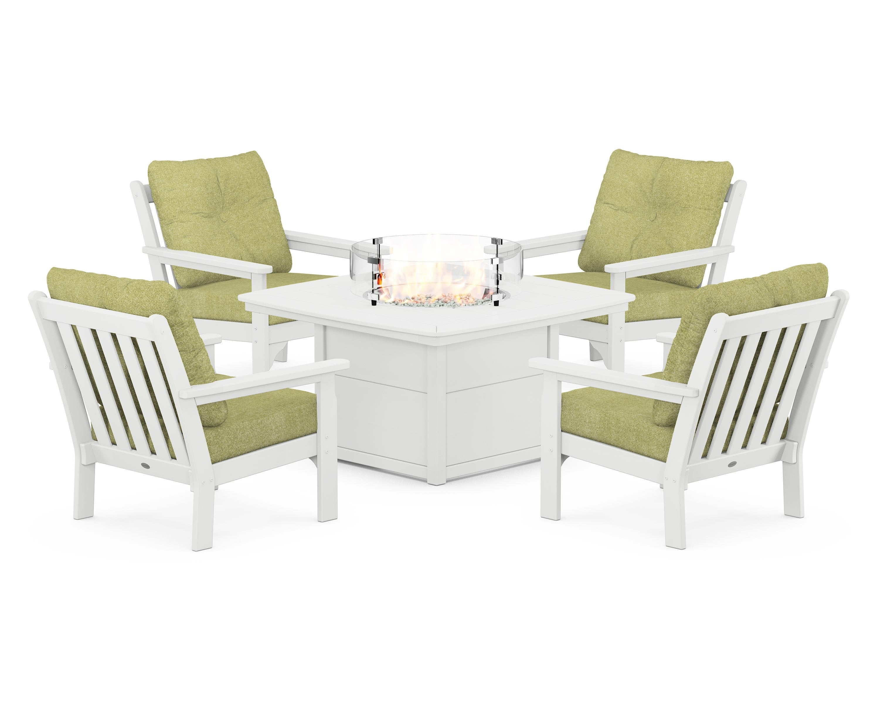 POLYWOOD® Vineyard 5-Piece Conversation Set with Fire Pit Table in White / Chartreuse Boucle