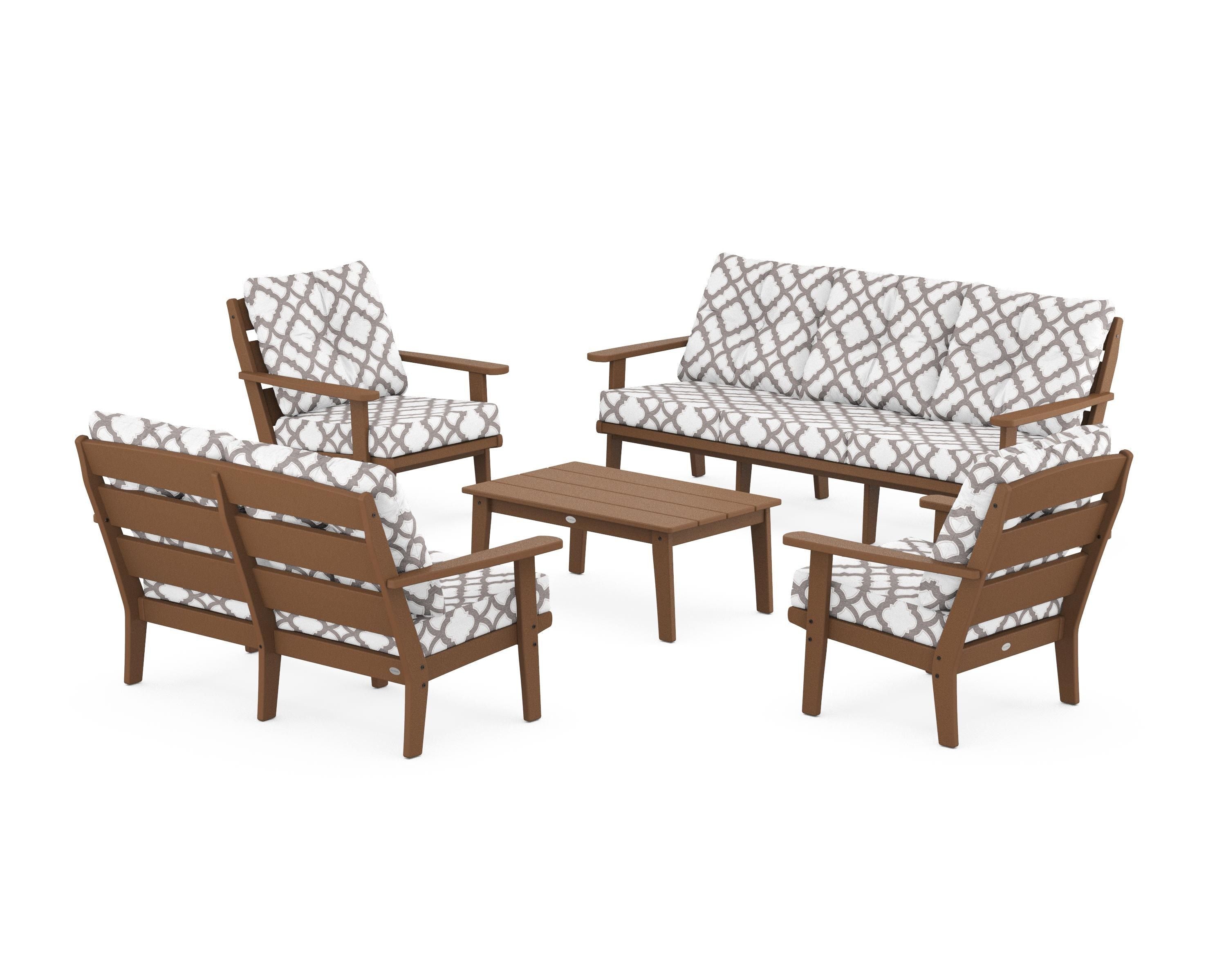 POLYWOOD® Lakeside 5-Piece Lounge Sofa Set in Teak / Trellis Grey Mist