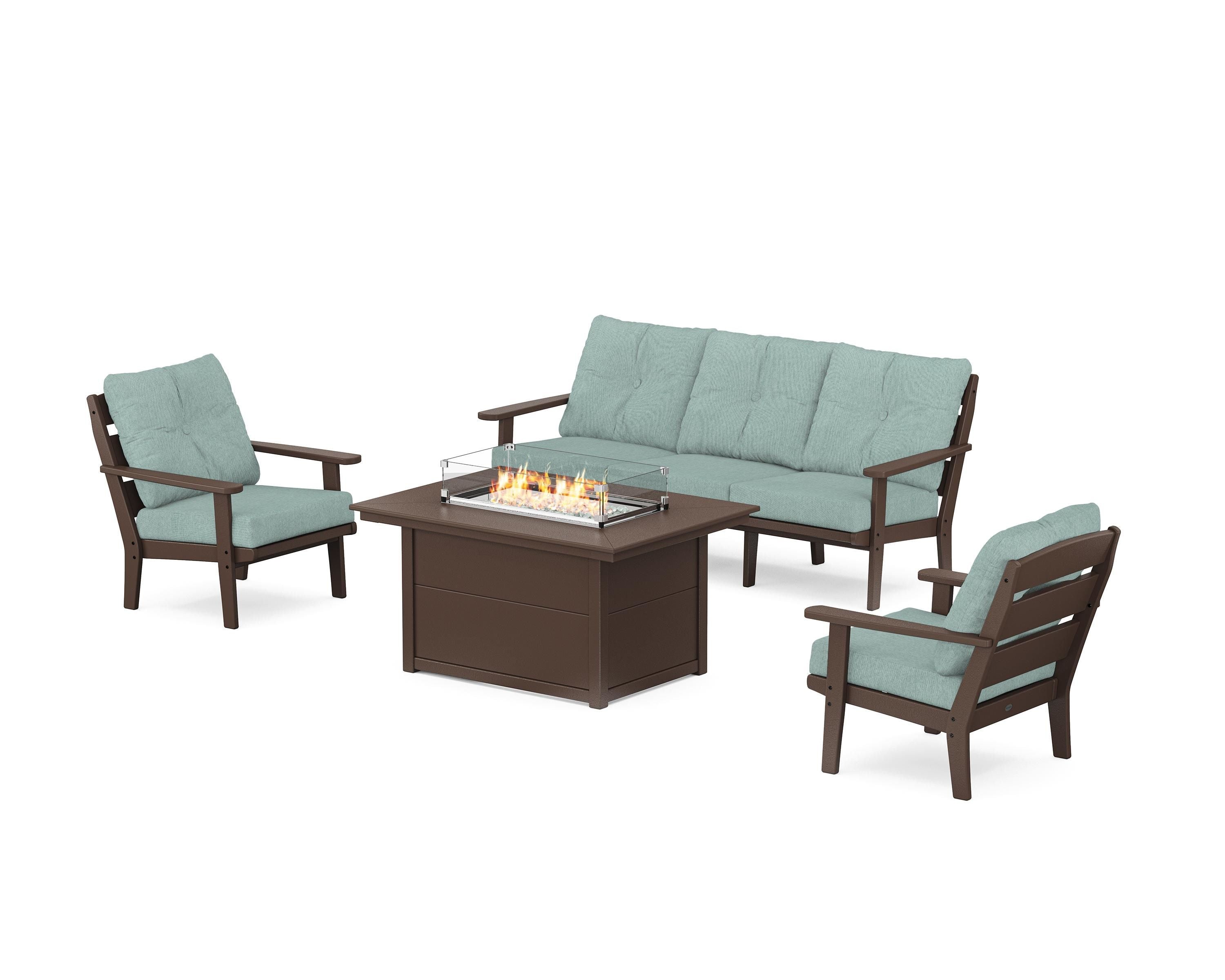 POLYWOOD® Lakeside Deep Seating Fire Pit Table Set in Mahogany / Glacier Spa