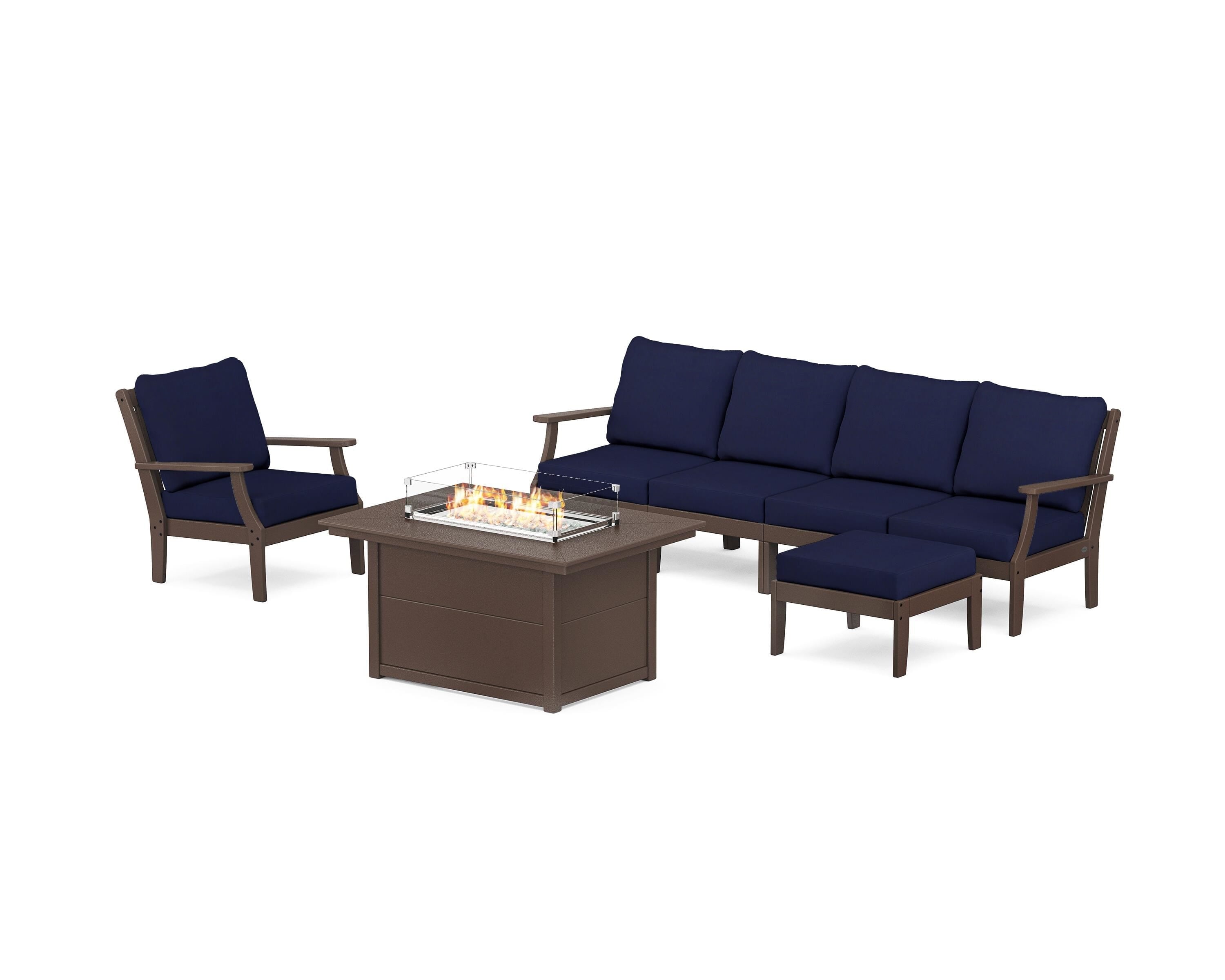 POLYWOOD® Braxton Sectional Lounge and Fire Pit Set in Mahogany / Navy
