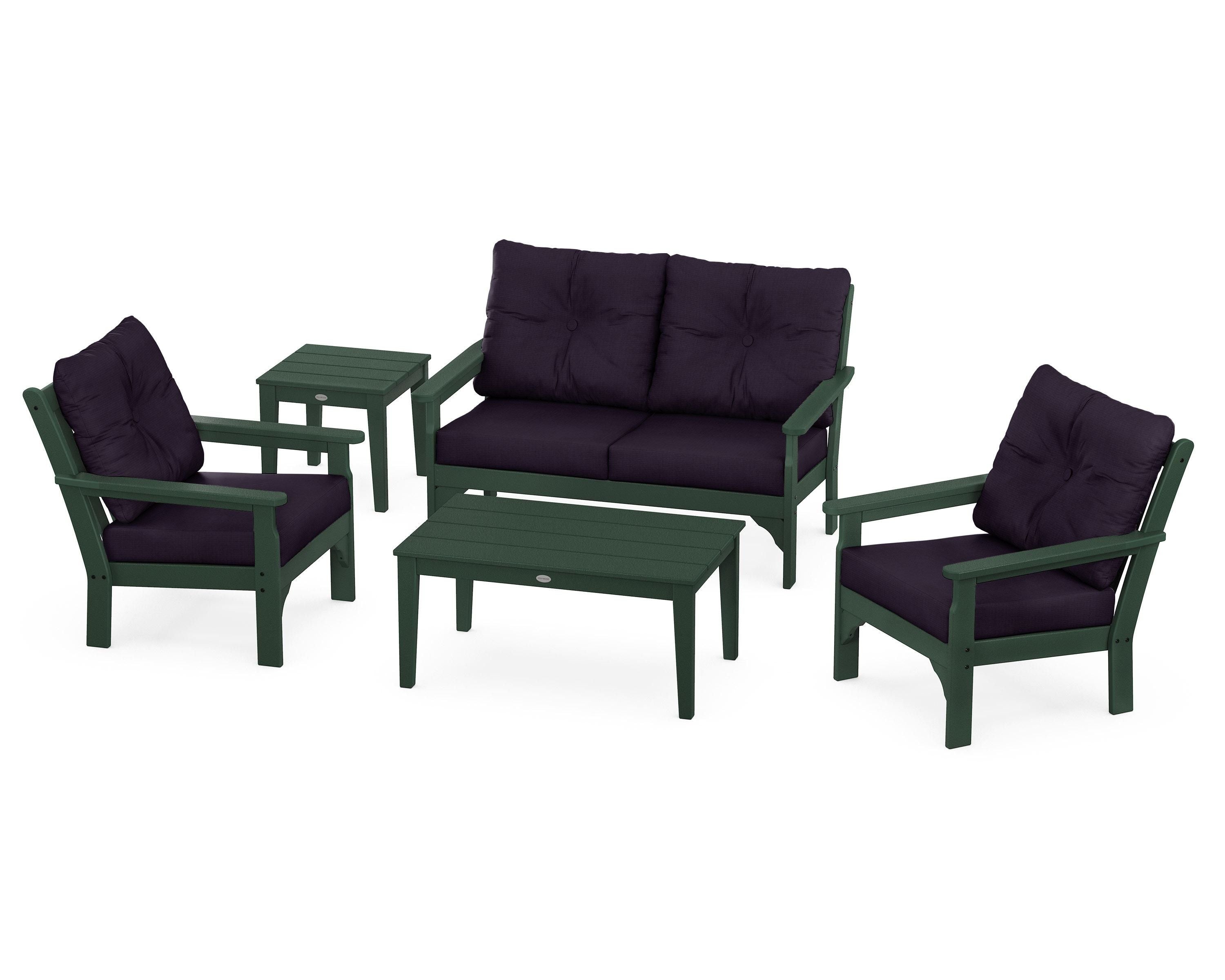 POLYWOOD® Vineyard 5-Piece Deep Seating Set in Green / Navy Linen