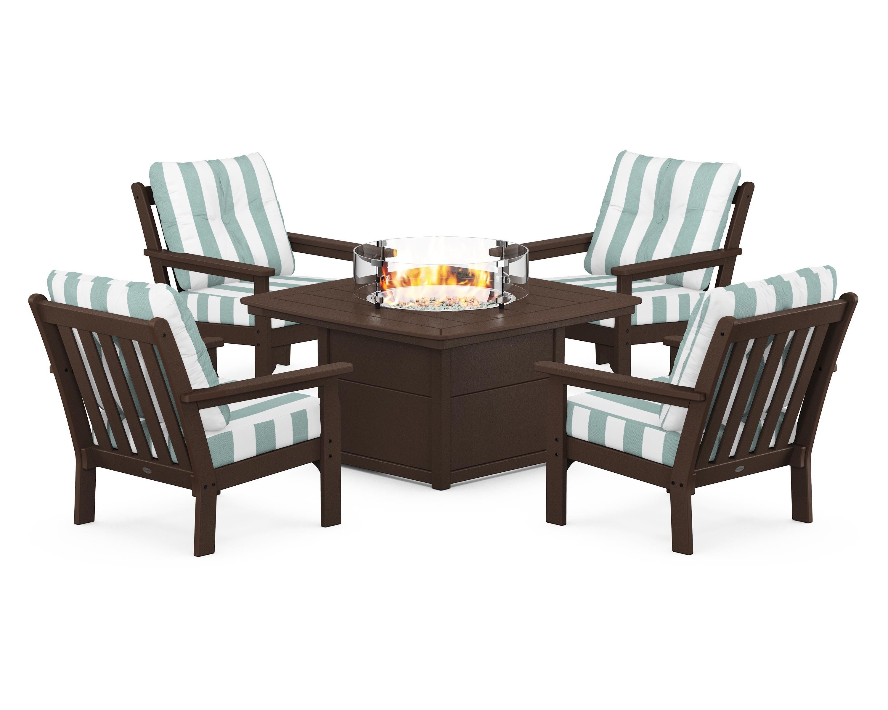 POLYWOOD® Vineyard 5-Piece Conversation Set with Fire Pit Table in Mahogany / Cabana Stripe Glacier Spa