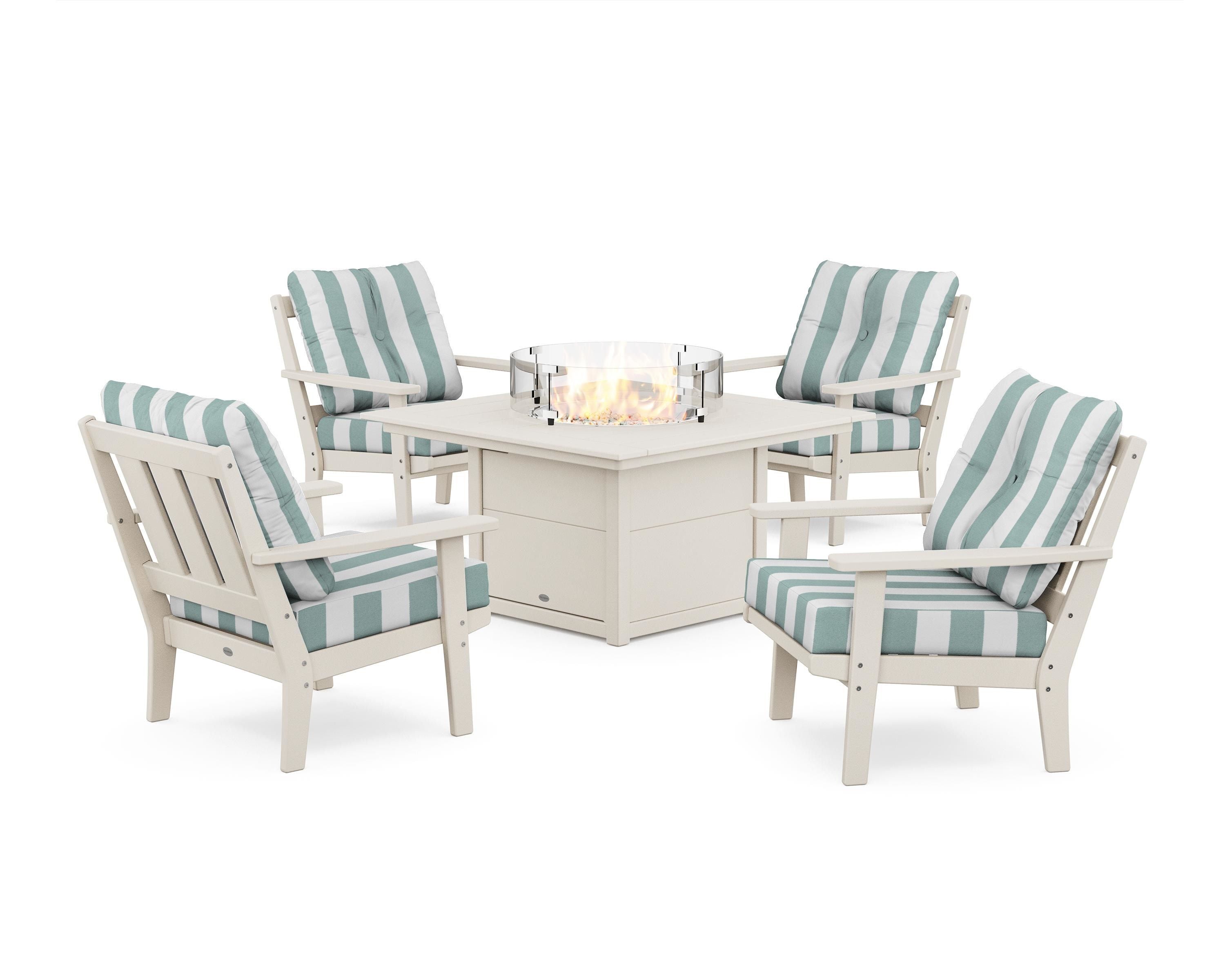 POLYWOOD® Oxford 5-Piece Deep Seating Set with Fire Pit Table in Sand / Cabana Stripe Glacier Spa
