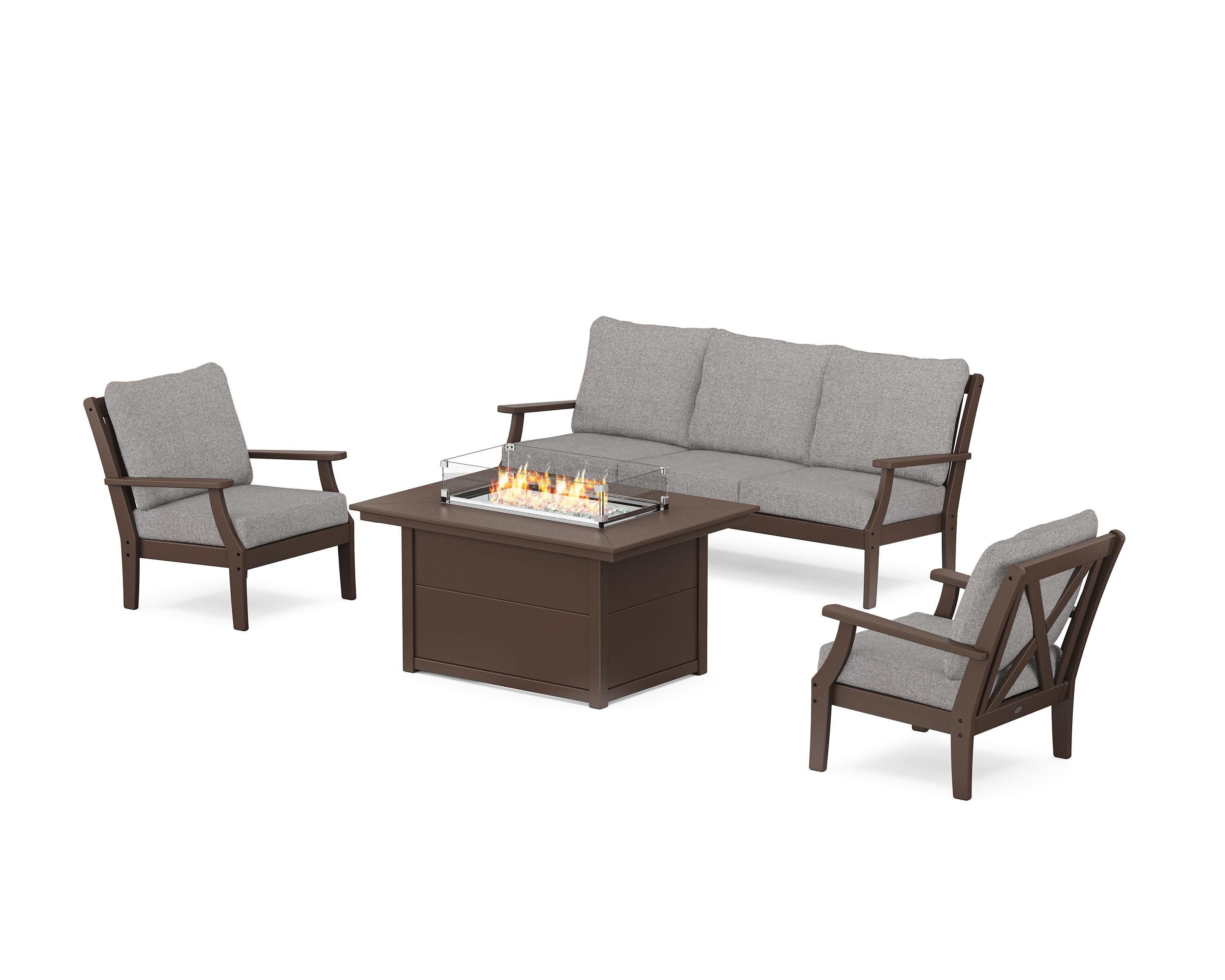 POLYWOOD® Braxton Deep Seating Fire Pit Table Set in Mahogany / Grey Mist