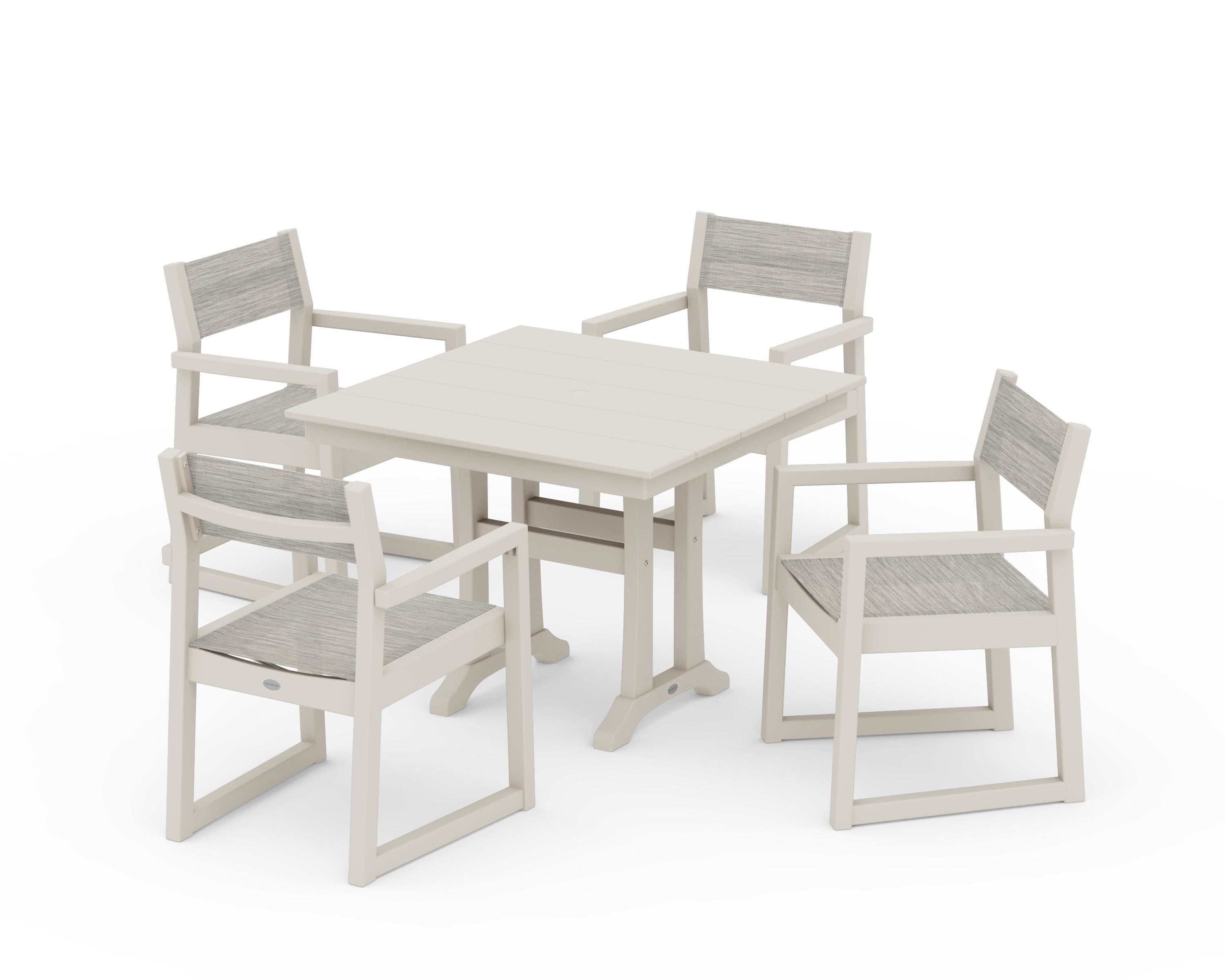 POLYWOOD® EDGE Sling 5-Piece Farmhouse Dining Set with Trestle Legs in Sand / Birch Sling