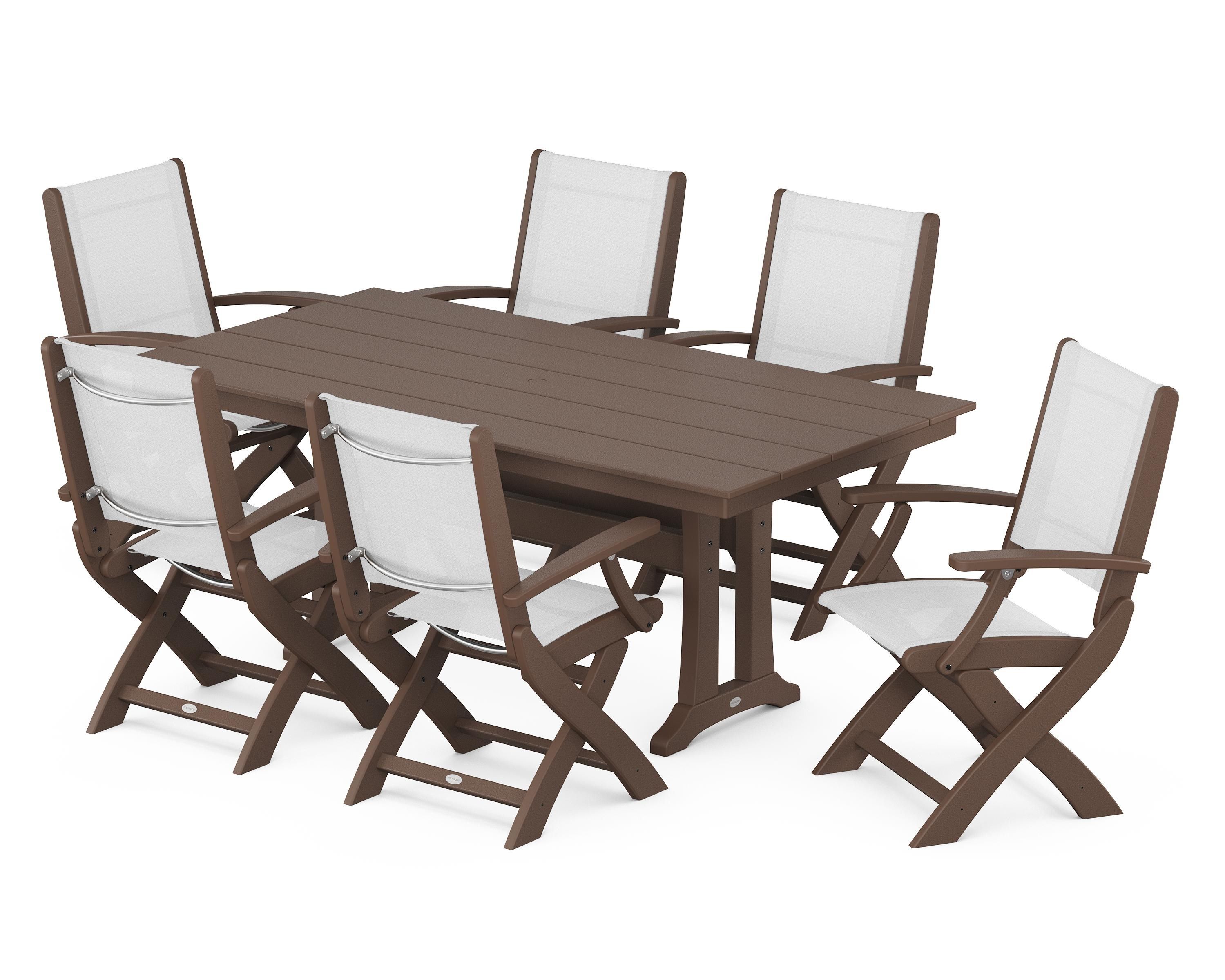 POLYWOOD® Coastal Folding Arm Chair 7-Piece Farmhouse Dining Set with Trestle Legs in Mahogany / White Sling