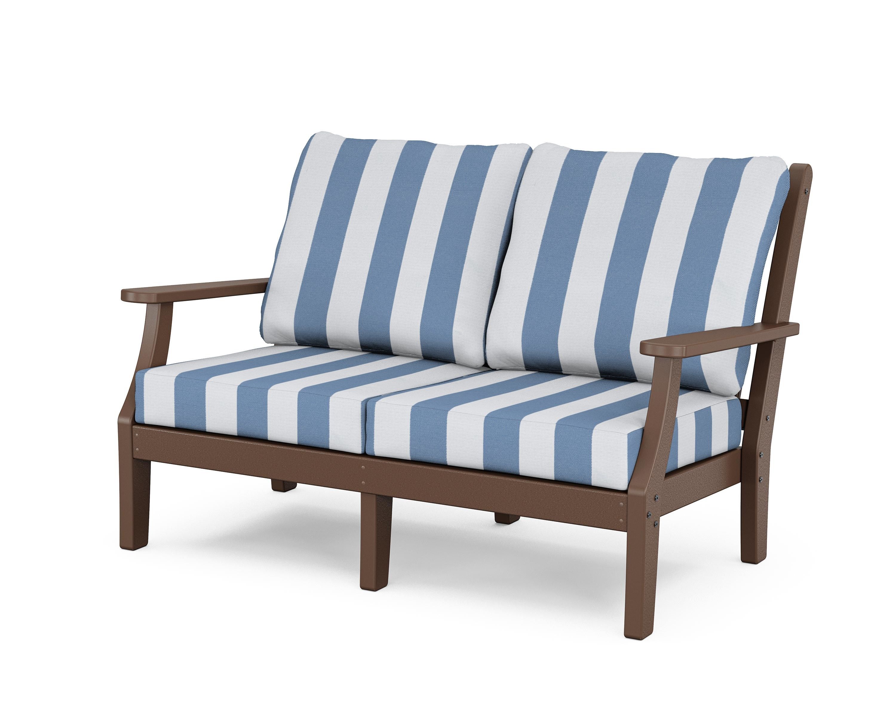 Country Living Wovendale Deep Seating Loveseat in Mahogany / Cabana Stripe Sky Blue