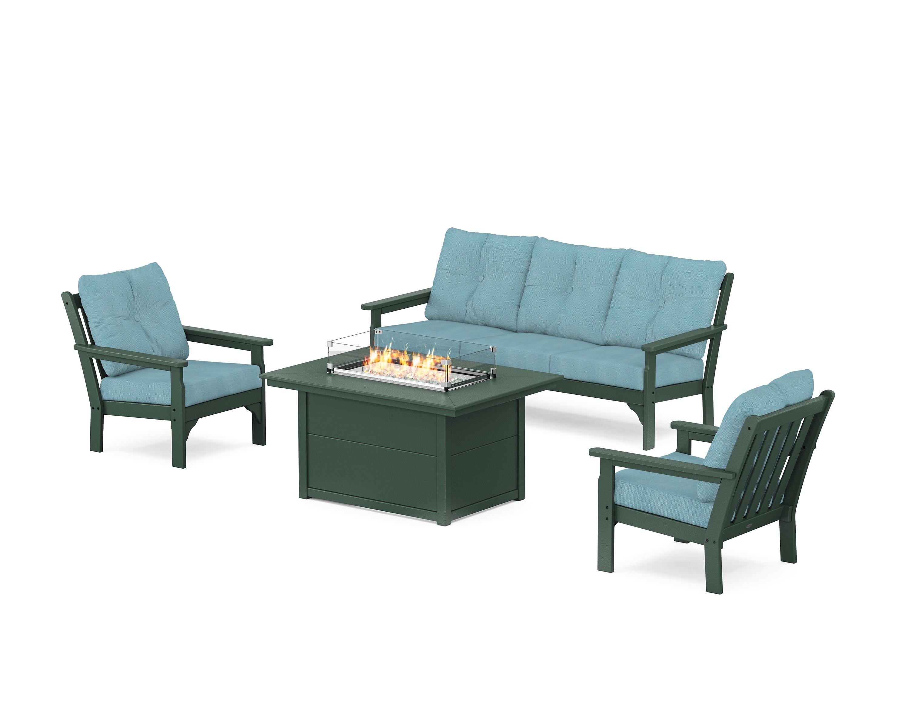 POLYWOOD® Vineyard Deep Seating Fire Pit Table Set in Green / Lattice Sky Blue