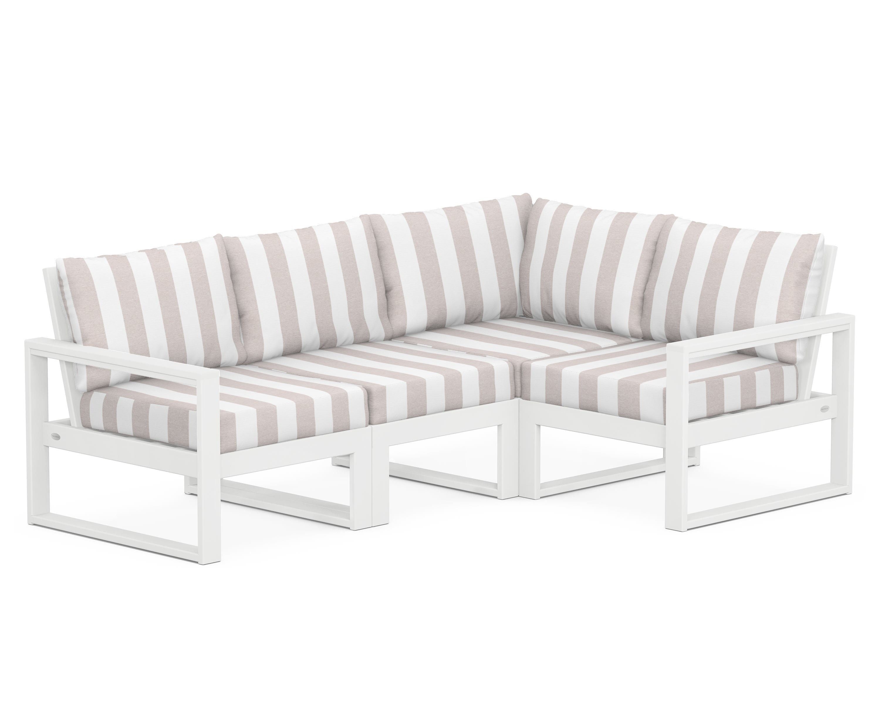 POLYWOOD® EDGE 4-Piece Modular Deep Seating Set in White / Cabana Stripe Dune Burlap