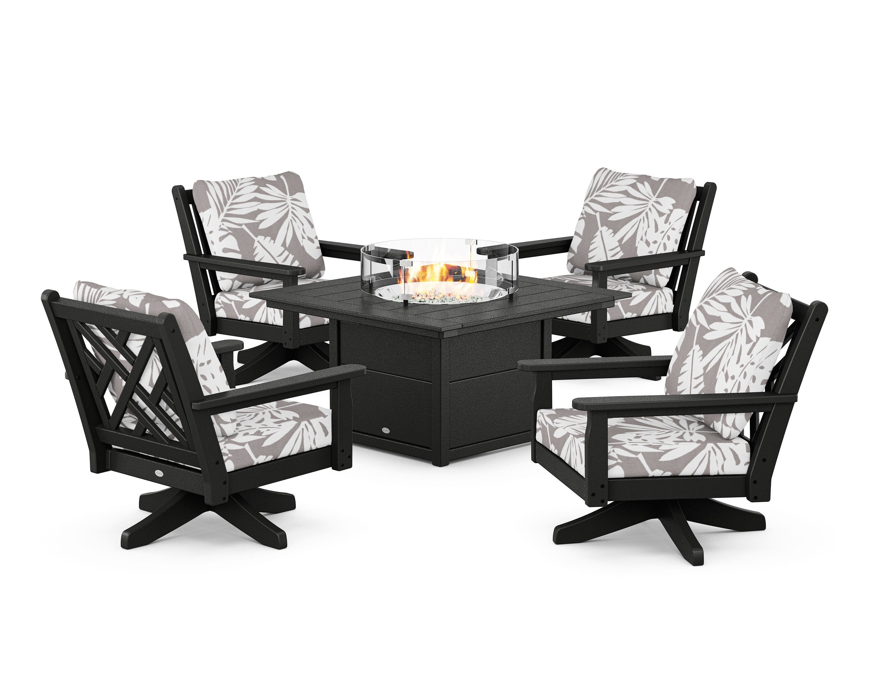 POLYWOOD® Chippendale 5-Piece Deep Seating Swivel Conversation Set with Fire Pit Table in Black / Leaf Grey Mist