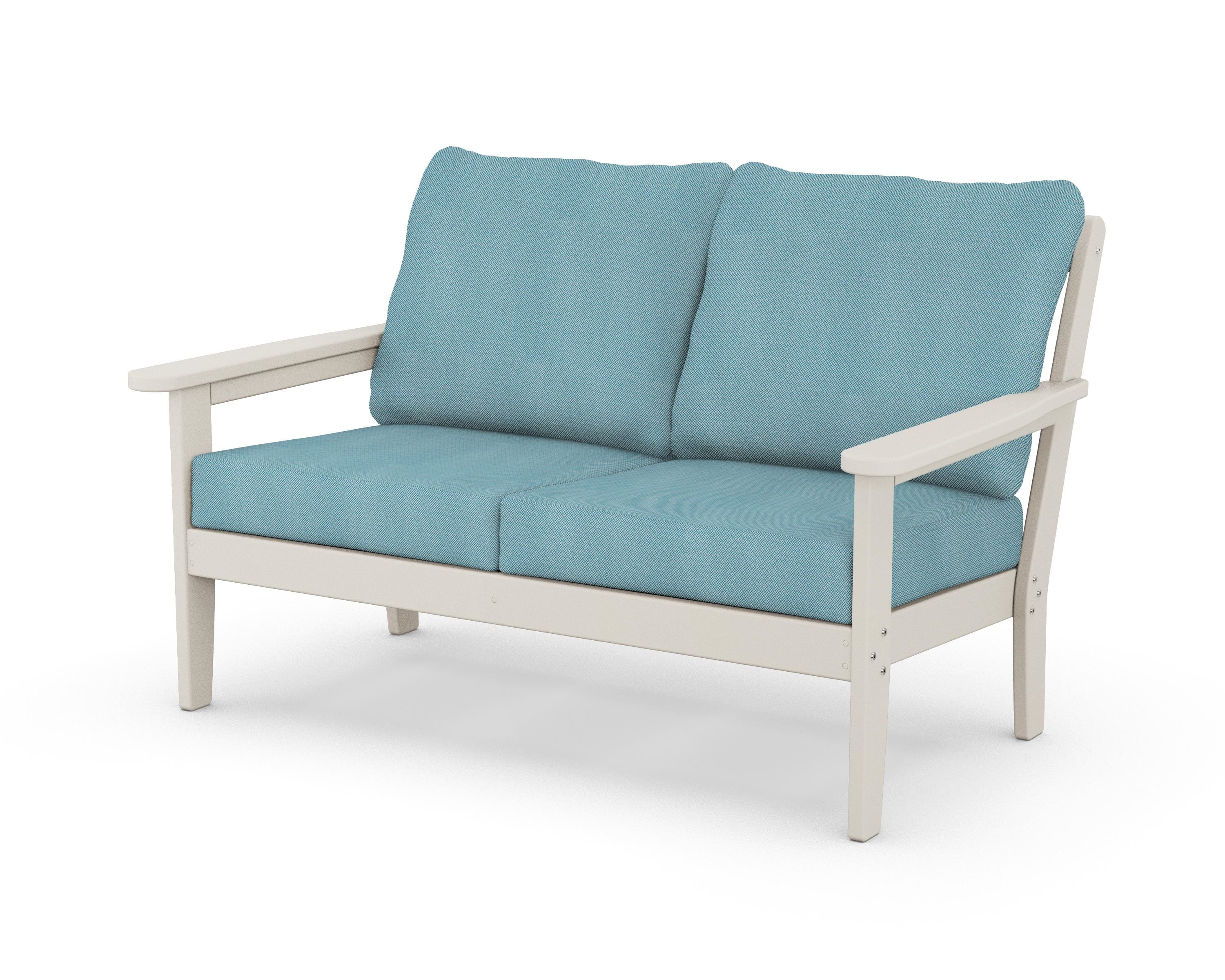 Country Living Cottage Deep Seating Loveseat in Sand / Lattice Sky Blue