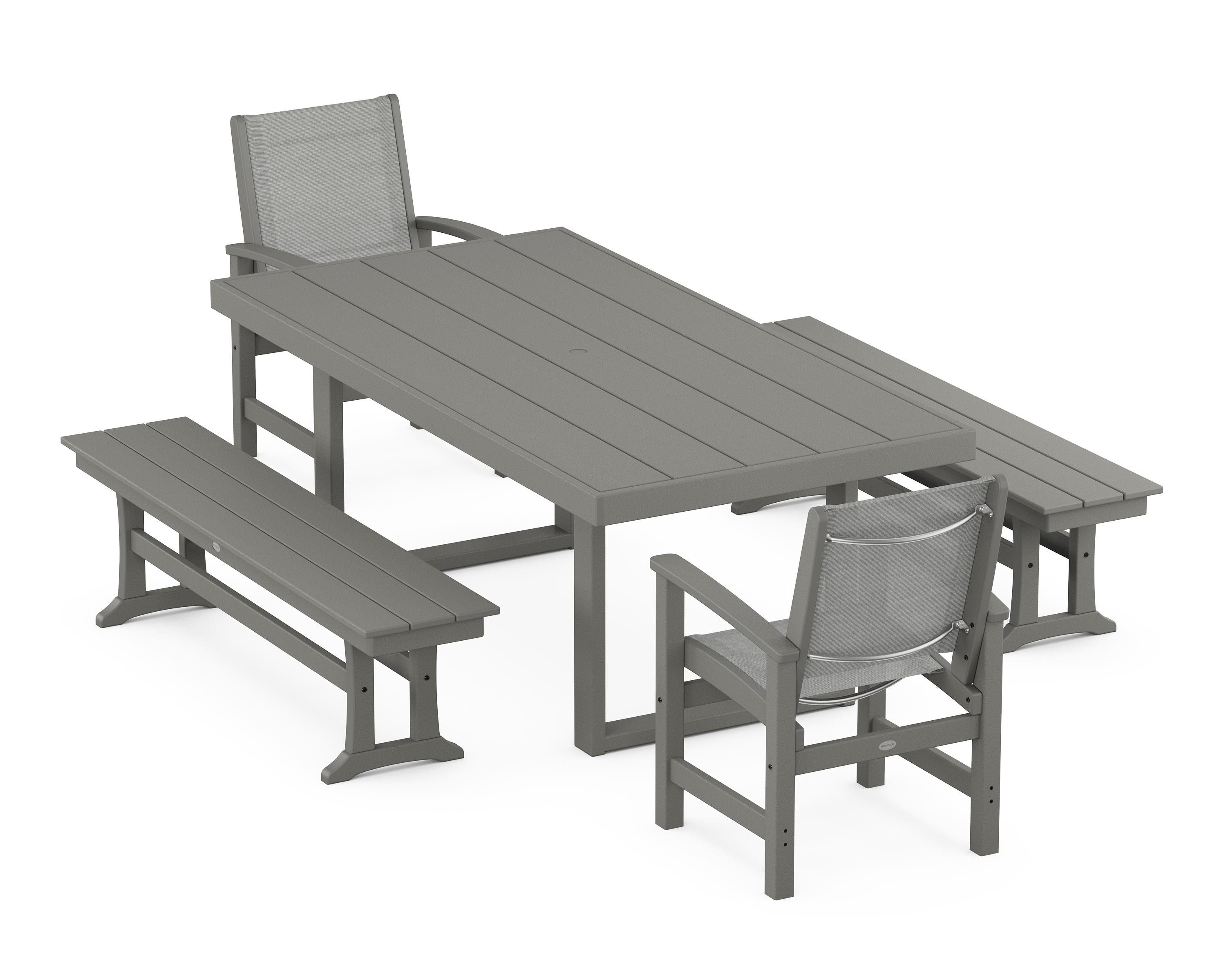 POLYWOOD® Coastal 5-Piece Dining Set with Trestle Legs in Slate Grey / Metallic Sling