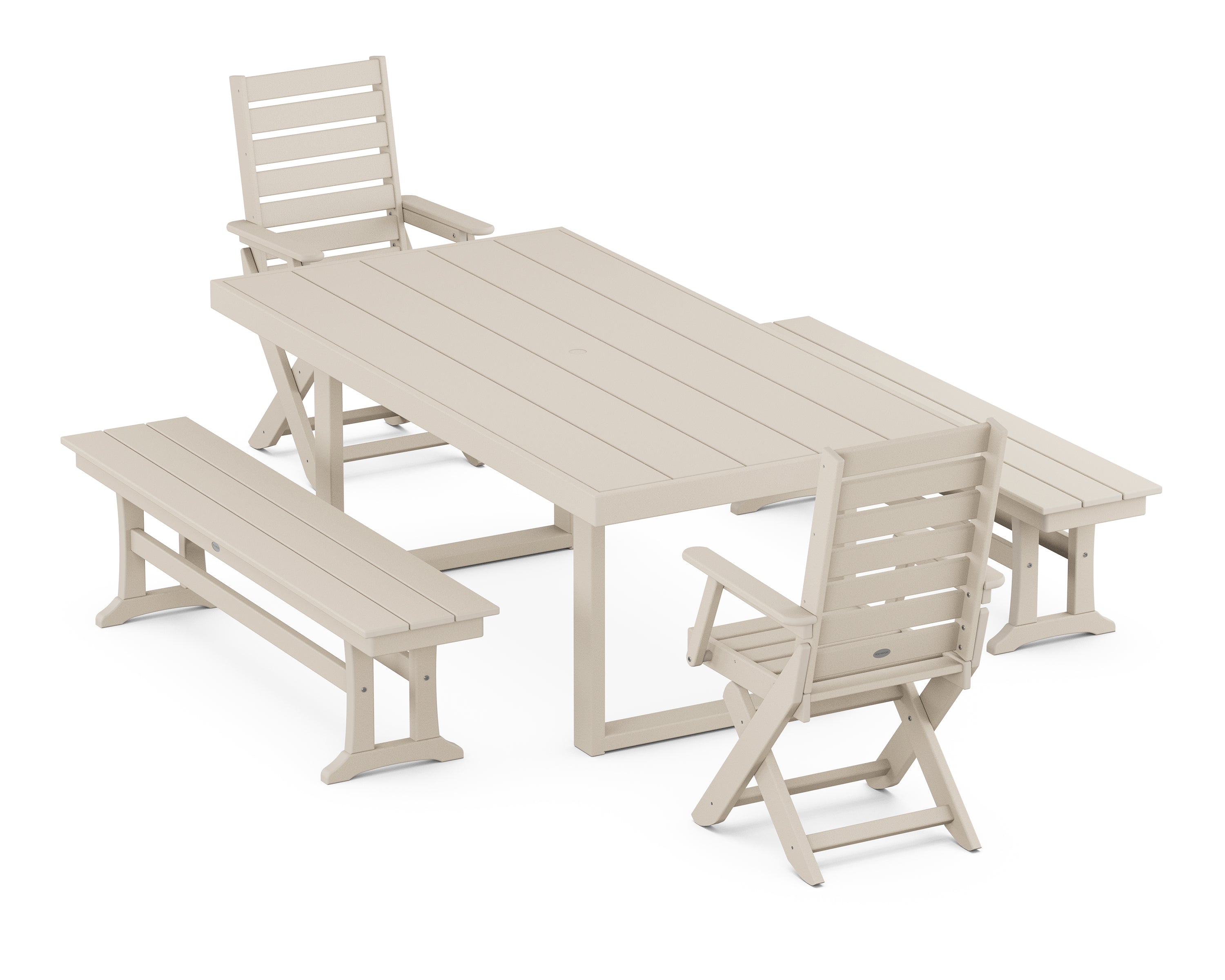 POLYWOOD® Captain Folding Chair 5-Piece Dining Set with Benches in Sand