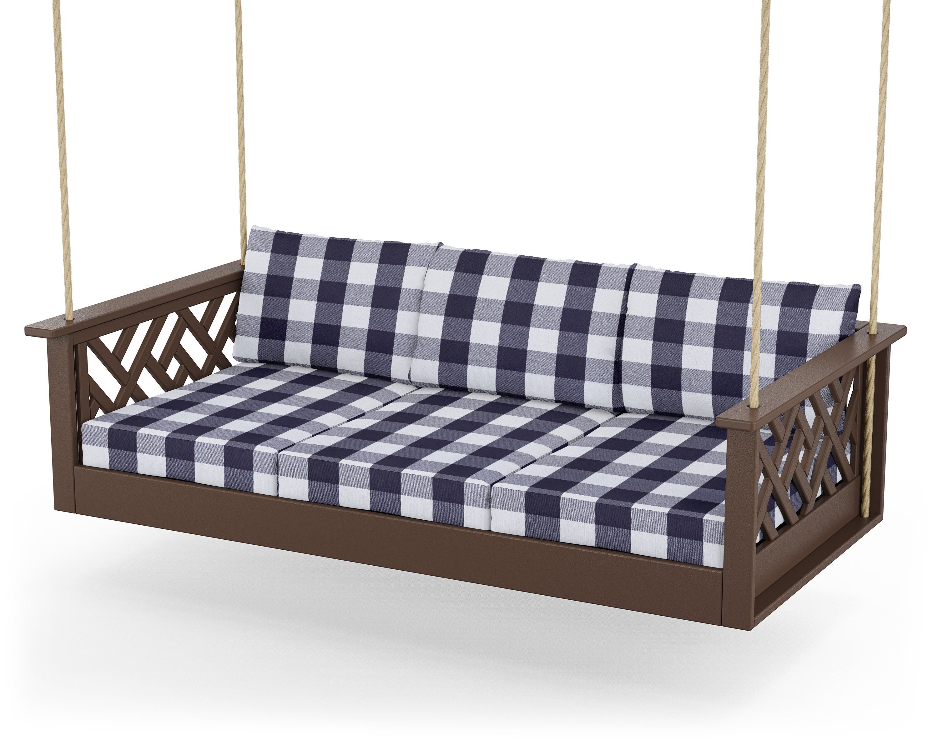 POLYWOOD® Chippendale Daybed Swing in Mahogany / Buffalo Plaid Navy