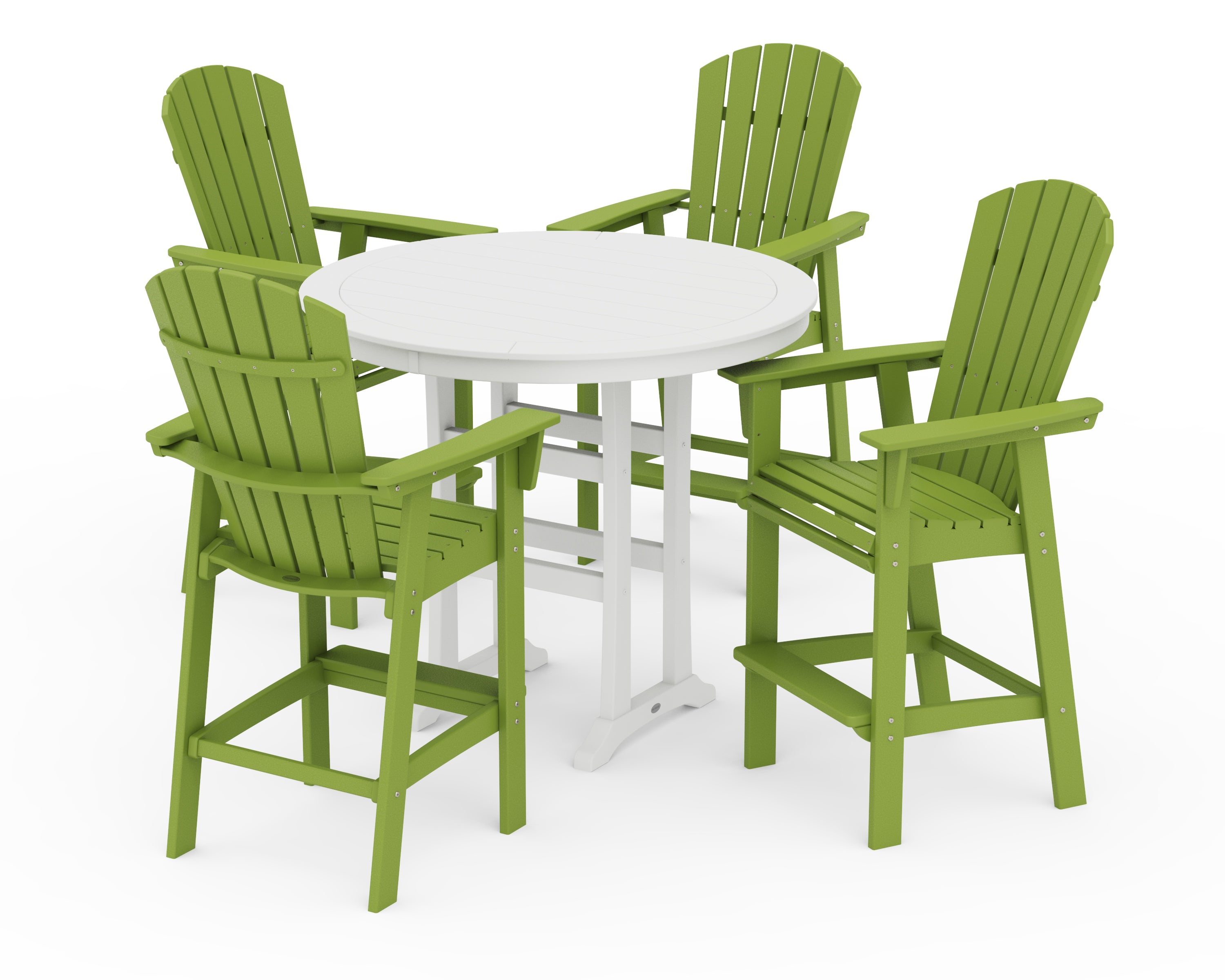 POLYWOOD® Nautical Curveback Adirondack 5-Piece Round Trestle Bar Set in Lime / White